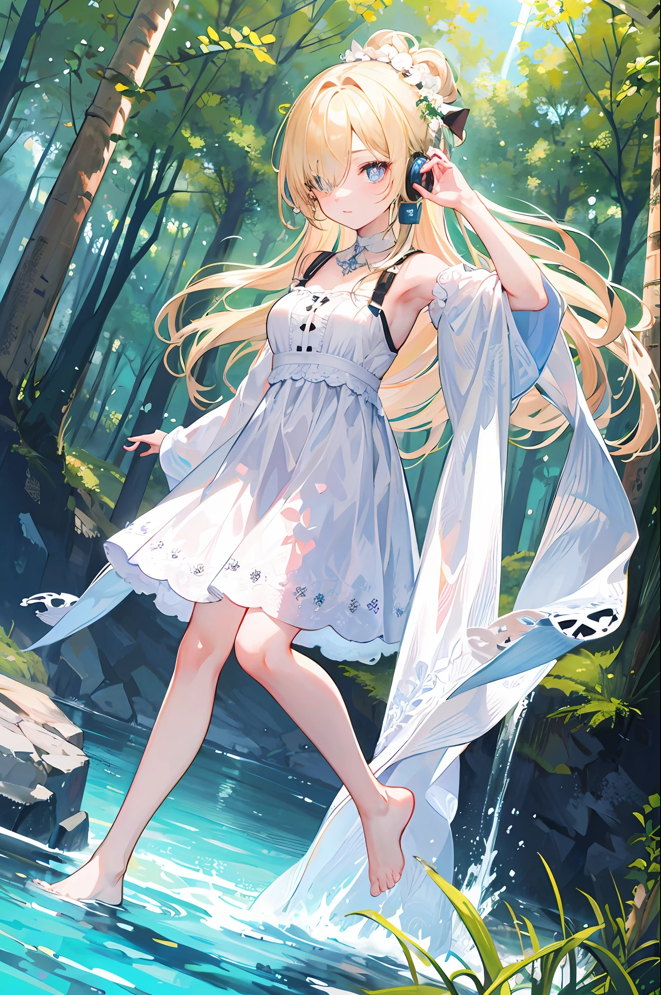 (Best quality, Detailed background, A high resolution, absurderes, full bloom, Disheveled hair, Shiny hair, Exposure under lighting, Bright pupils, Dedicated detail eyes),
1girll, Earphone, Long hair, Blonde hair, Large_Breasts, arms back behind, Daytime, Outdoors, forest, water, small stream, Sunshine,
Hair_decorations, (hair on one eye), full body, Dutch angle,