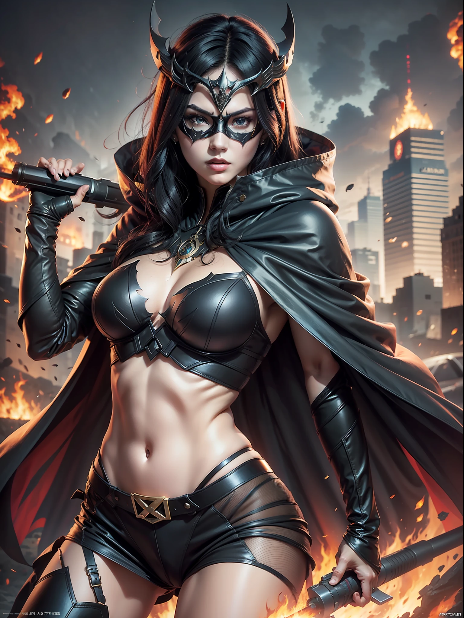 masked mera black hair black cape with big gun action movie poster