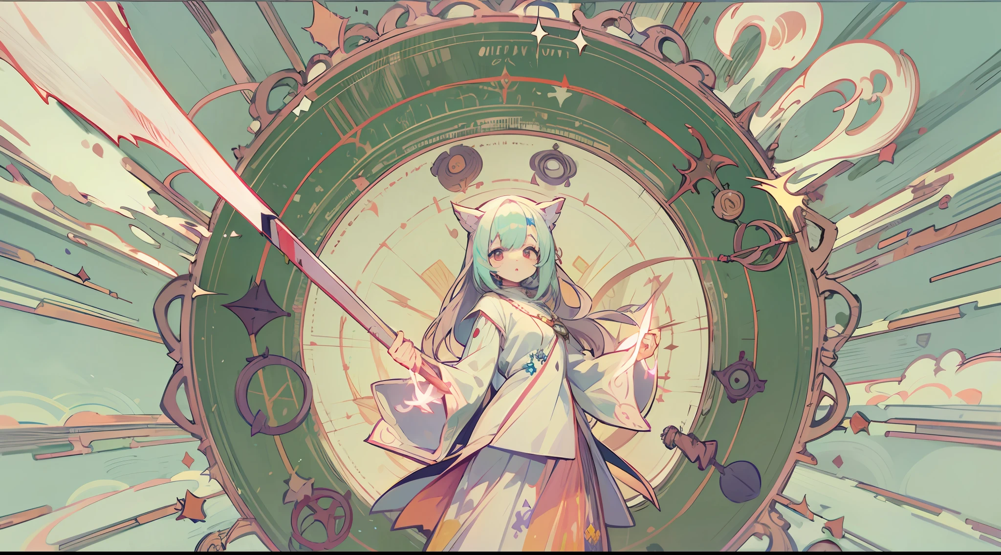Woman with weapon coming out of body、kawaii、A magic circle appeared above my head and at my feet.、