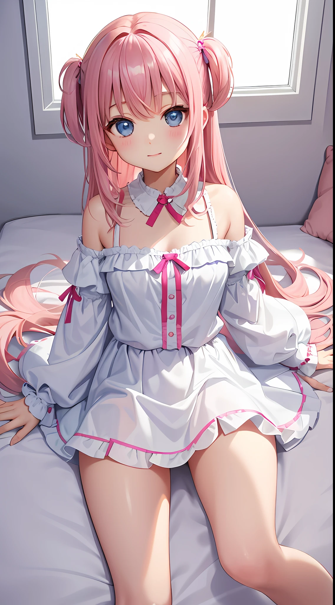beautiful illustration、top-quality、Cute little girl s、bedroom、A pink-haired、happiness、a miniskirt、White blouses、Two-side-up、lovely thighs、glowing thigh、blue eyess、big breasts、Open legs to show white panties