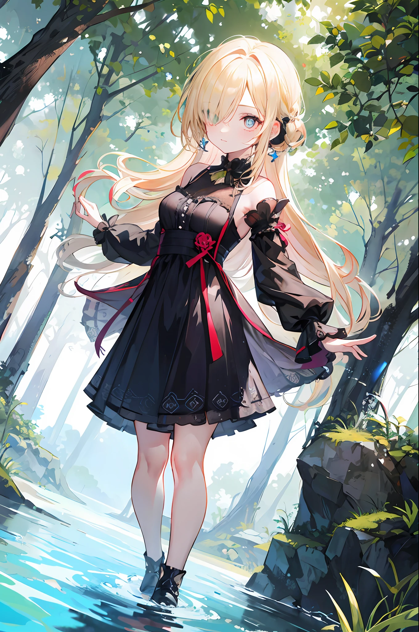 (Best quality, Detailed background, A high resolution, absurderes, full bloom, Disheveled hair, Shiny hair, Exposure under lighting, Bright pupils, Dedicated detail eyes),
1girll, Earphone, Long hair, Blonde hair, Large_Breasts, arms back behind, Daytime, Outdoors, forest, water, small stream, Sunshine,
Hair_decorations, (hair on one eye), full body, Dutch angle,
