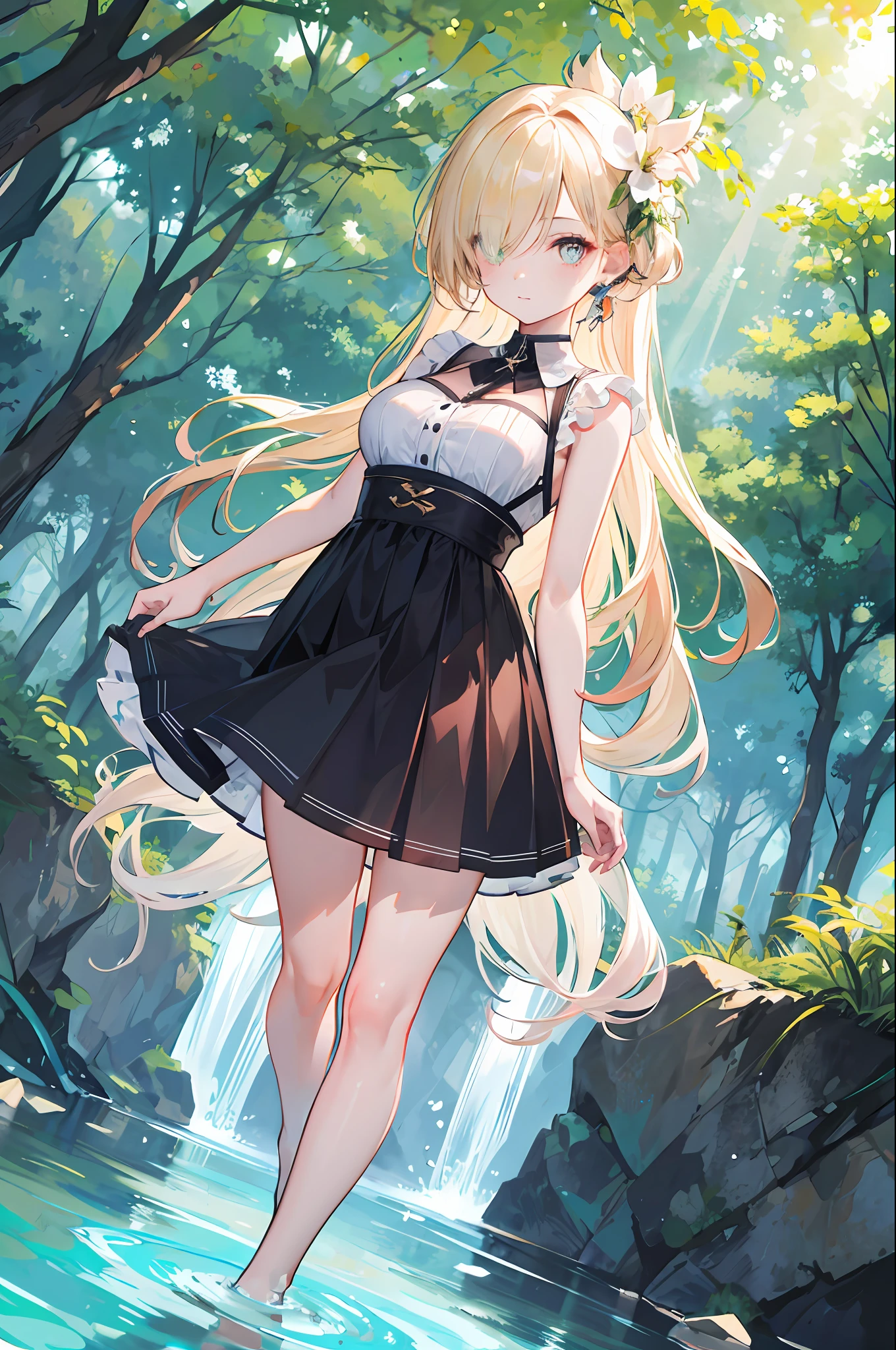 (Best quality, Detailed background, A high resolution, absurderes, full bloom, Disheveled hair, Shiny hair, Exposure under lighting, Bright pupils, Dedicated detail eyes),
1girll, Earphone, Long hair, Blonde hair, Large_Breasts, arms back behind, Daytime, Outdoors, forest, water, small stream, Sunshine, 
Hair_decorations, (hair on one eye),  full body, Dutch angle,