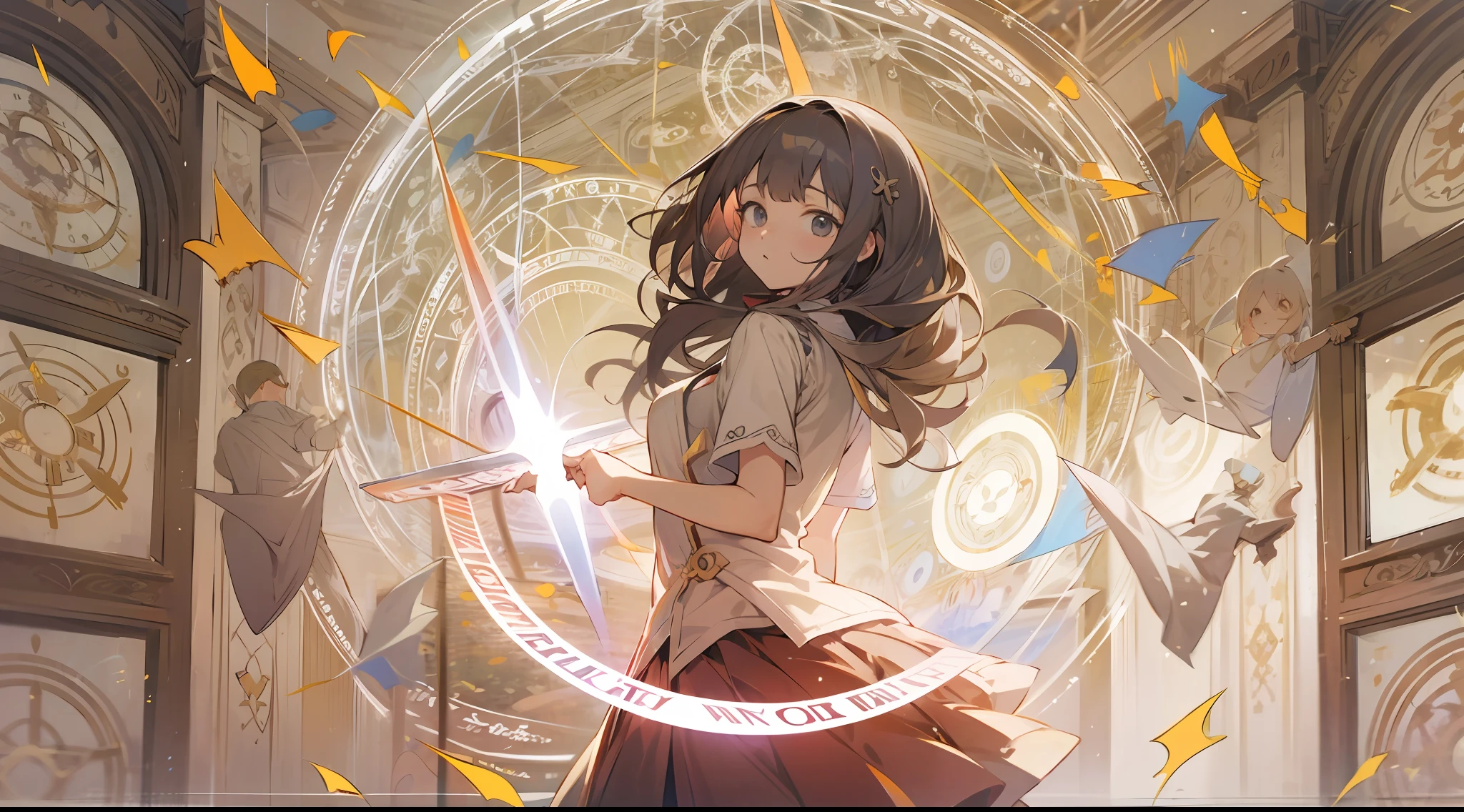 Woman with weapon coming out of body、kawaii、A magic circle appeared above my head and at my feet.、