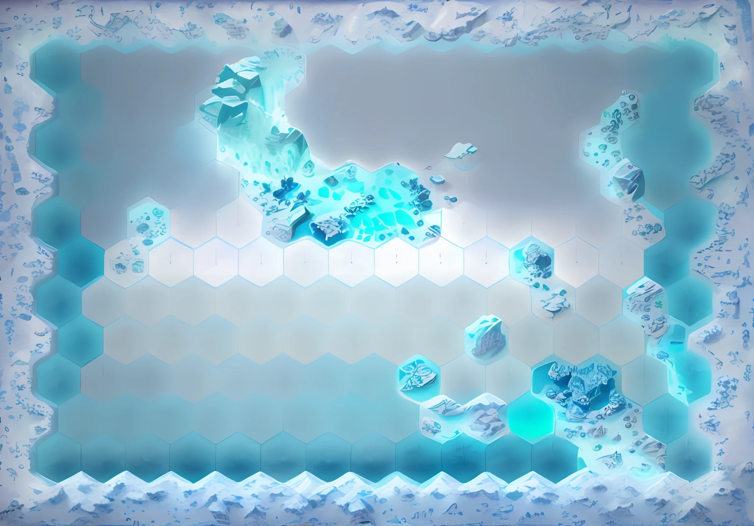 There is an image of a blue and white image of a map, Vaste donjon de glace, Piliers de fond de glace, Context of icy tundra, Mine de glace industrielle futuriste, engelures 3 rendues, cavernes de cristal sous-marines, Air battle in the background, Fantastic desert crystal island, Ice Planet, Snowy environment, peau cristalline, An isometric fantasy map, Armure de cristal de glace