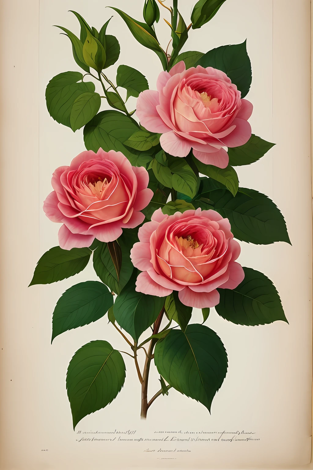 (best quality:1.2), (detailed:1.2), (masterpiece:1.2), vintage botanical illustrations of Larger Provence Rose (1770 1775) in high resolution by John Edwards