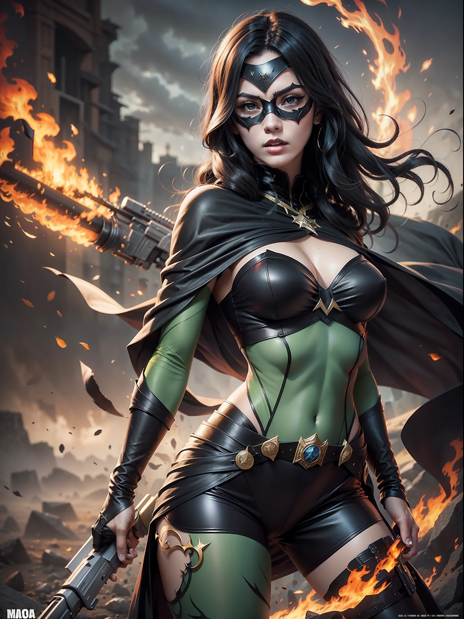 masked mera black hair black cape with big gun action movie poster