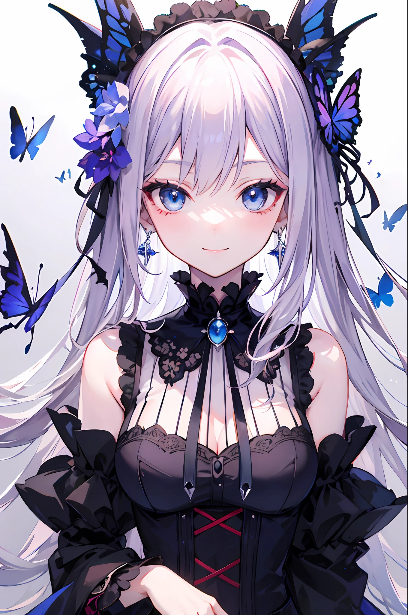 1 girl, Smile, Smile, Solo, viewer gaze, butterfly hair ornaments, butterfly earrings, Blue eyes, Upper body, Sleeveless, Sitting, Red nails, (Masterpiece, Highest quality, Highest quality, offcial art, Beautiful and aesthetic: 1.2), Lilac hair, european woman face portrait, person looking at the viewer, detail, Complex details s, 4K, hyper HD, solofocus, Pale skin, baroque, Gothic Lolita, Lace, elegant, Smooth anime CG art, Movie lighting, Vampire, Sexy pose, Bat wings, seduction