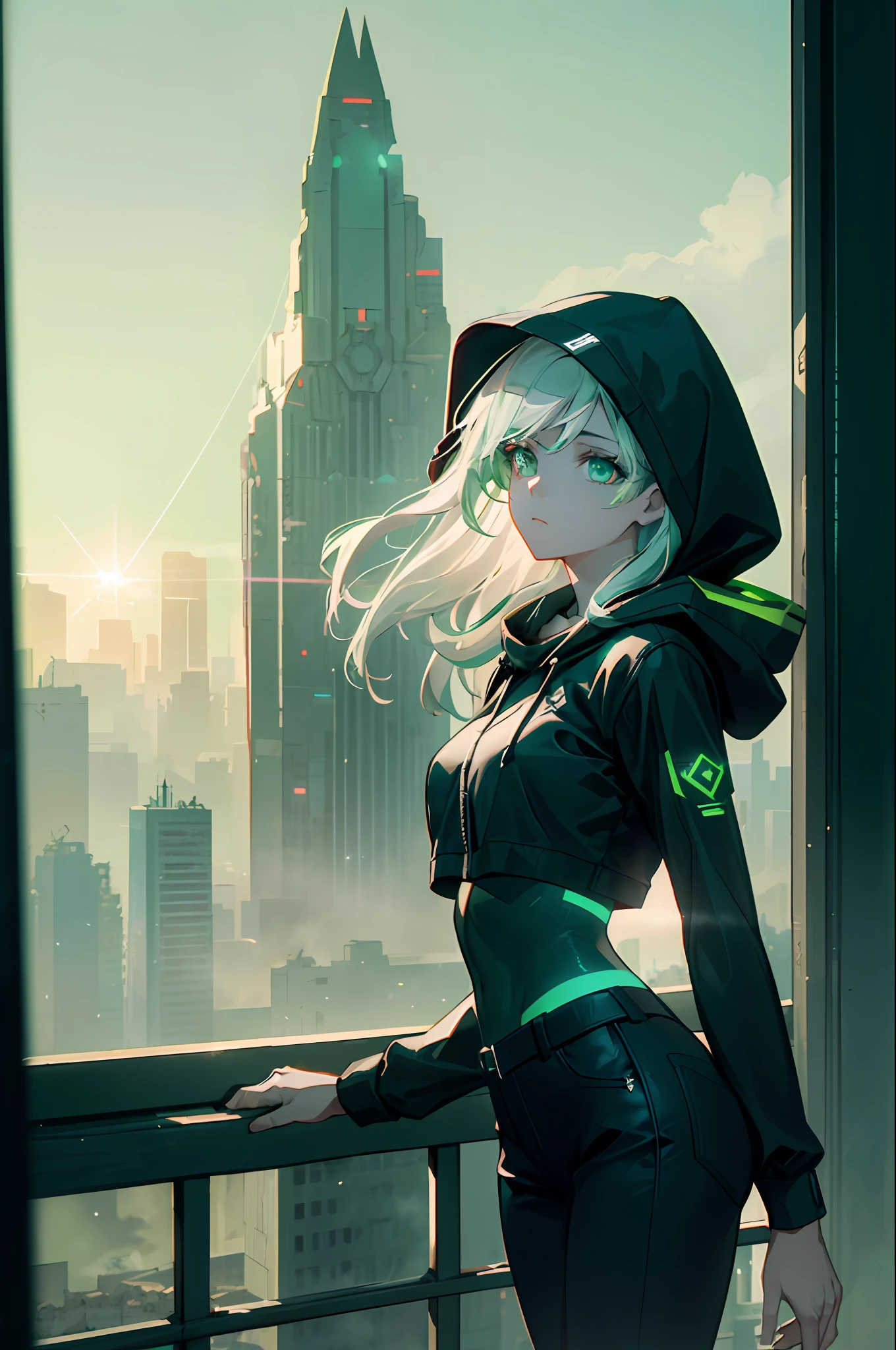 Smoke, postapocalypse, ((Green Dawn:1.3)), Green sky, The ruined backdrop of the city, ((spaceship in the sky)), science-fiction, (shapely body: 1.4), a 1girl, stands on the roof, (Long white hair: 1.4), Cyan eyes, Black pants, black big sweatshirt, hood, Cyberpunk clothes, city   of the future, Sad look, bruises under the eyes, Destroyed skyscrapers, HDR (High Dynamic Range), ray traced, NVIDIA RTX, Over-resolution, Unreal 5, sub-surface Scattering, текстурирование PBR, postprocessed, Anisotropic filtering, Depth of field, Maximum clarity and sharpness, Multi-layer Textures, Albedo and specular maps, Surface shading,  Accurate Light-Material Interaction Simulation, Octane rendering, duotone lighting, Low ISO, White balance, the rule of thirds, Wide aperture, 8K RAW, efficient sub-pixel, sub-pixel convolution, (luminescent particles: 1.4), {{tmasterpiece, beste-Qualit, extremely detailed CGI, Unity 8k壁纸, 3d, 电影灯光, lens flares}},