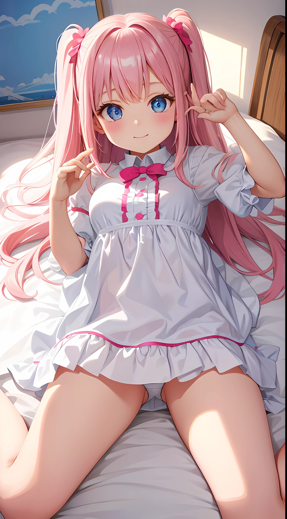 beautiful illustration、top-quality、Cute little girl s、bedroom、A pink-haired、happiness、a miniskirt、White blouses、Two-side-up、lovely thighs、glowing thigh、blue eyess、big breasts、Open legs to show white panties