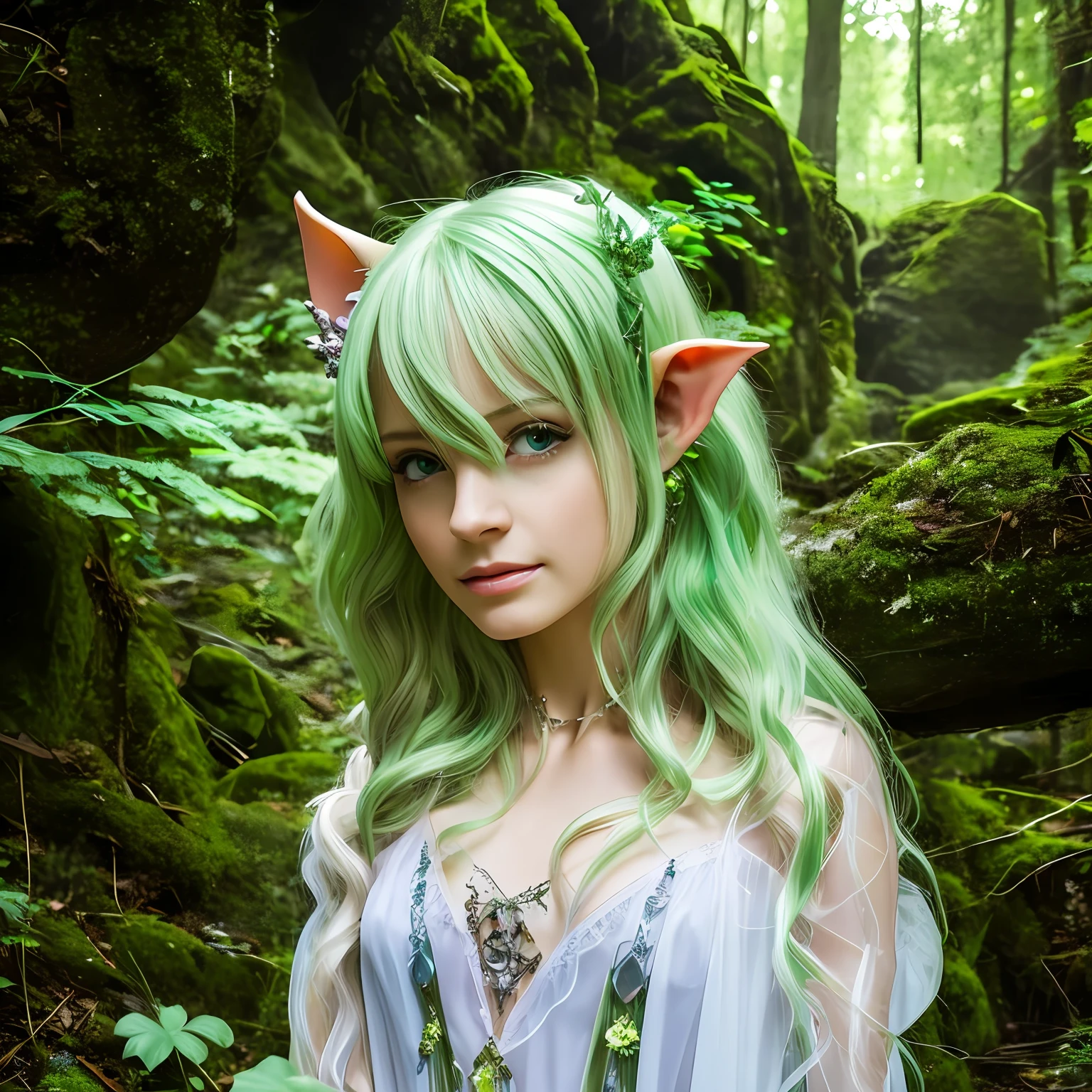 Goblin with ethereal beauty in the forest, cabelos longos cor do mogno com mechas douradas, olhos verdes, smooth pale skin, anime