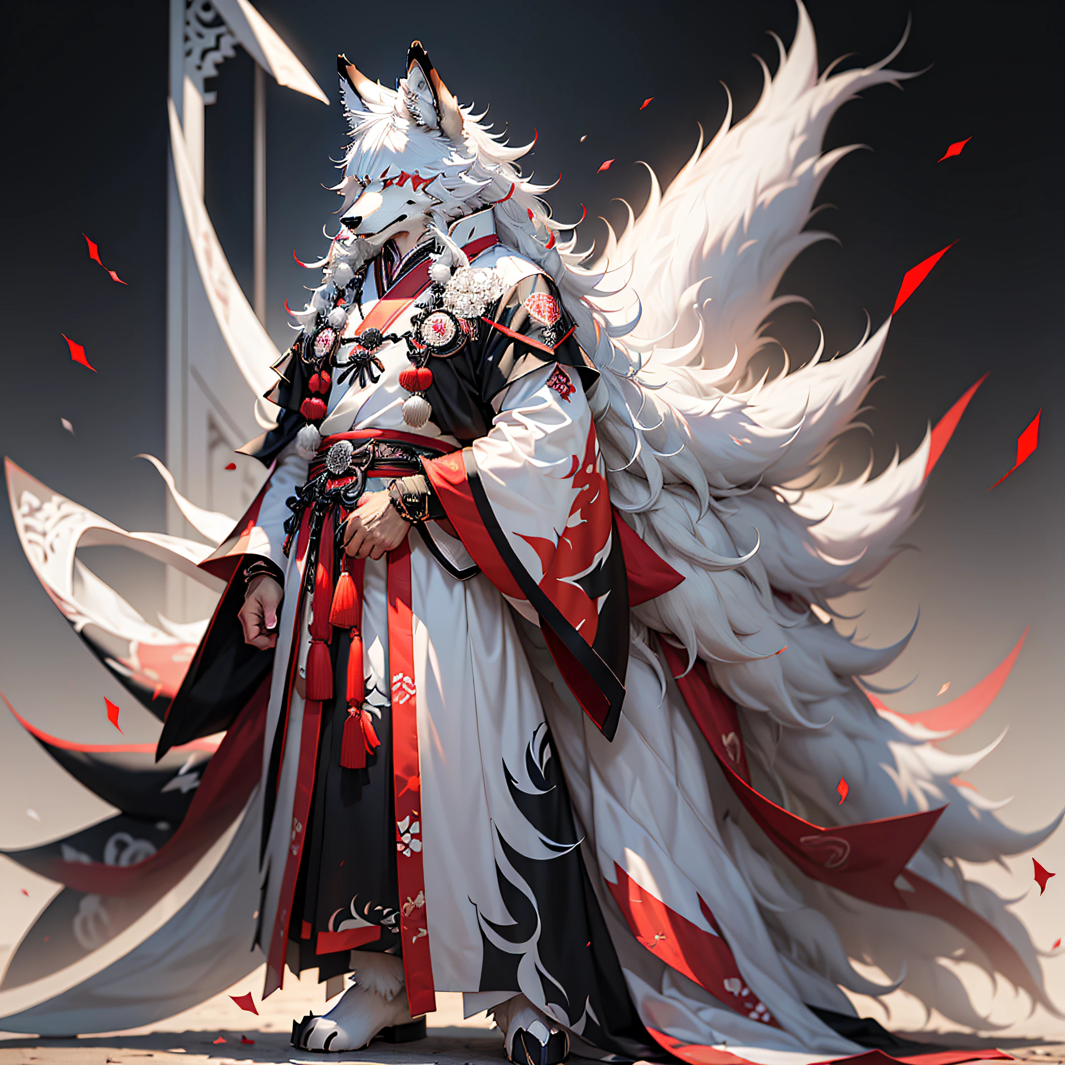 Single full-length portrait,Wolf head,Robust anthropomorphic male wolf,Anime comic style,Furry art!!!, furry character portrait, coyote, Furry anime, anthro wolf face,The anthropomorphic male wolf stands on two legs,White hair,Anthropomorphic male wolf,Headband decorated with red gemstones,Black and white hair coloring,White hair covering the whole body,Qin dynasty costumes,Hanfu with red pattern on the black base,A large white tail,Hands covered with white hair and claws,Red headband,Hair is black and white,