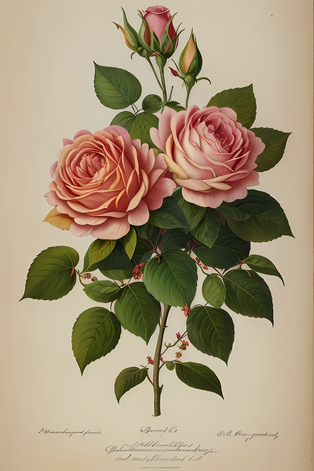 (best quality:1.2), (detailed:1.2), (masterpiece:1.2), vintage botanical illustrations of Larger Provence Rose (1770 1775) in high resolution by John Edwards