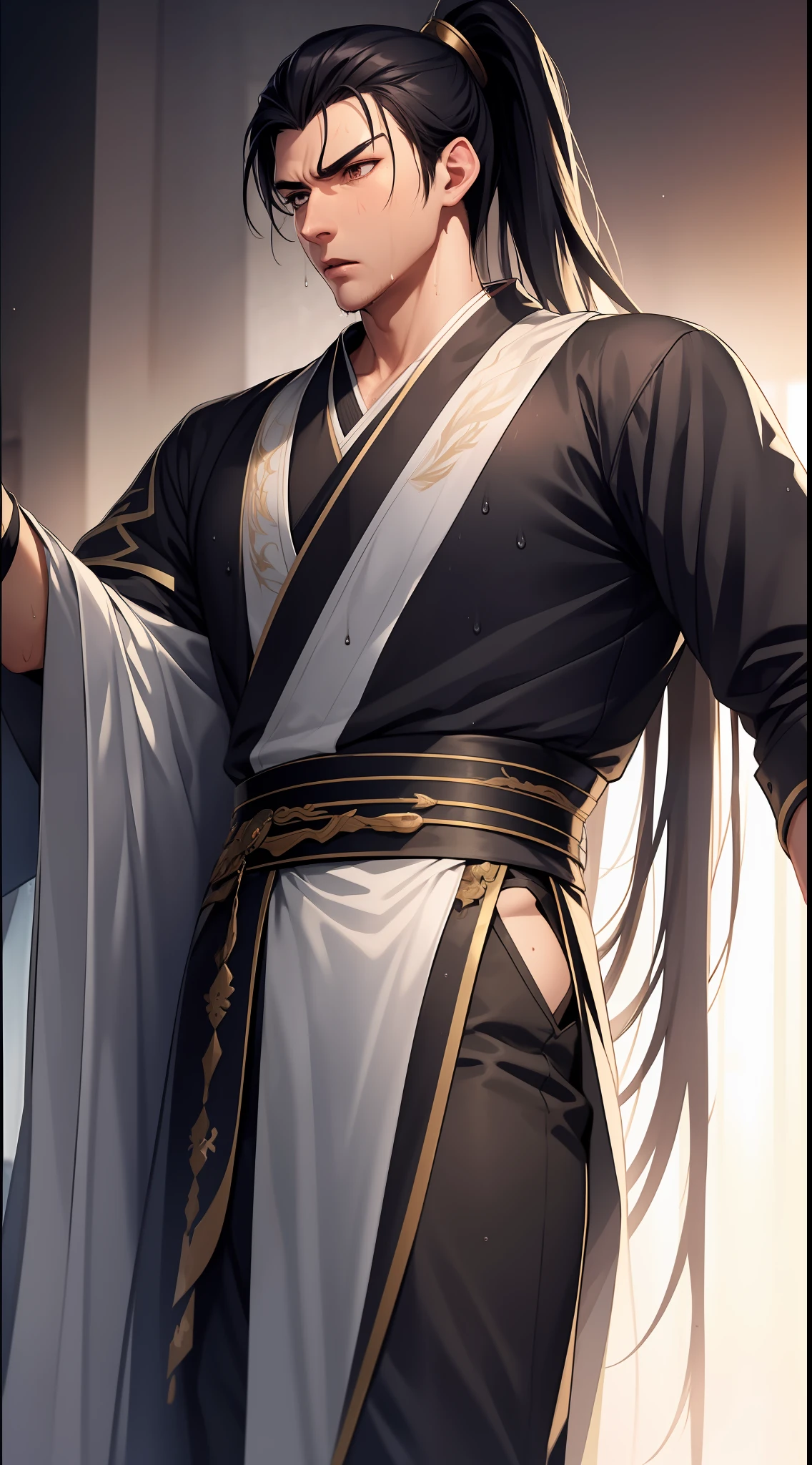 Two-dimensional, anime style, man (male warrior), muscle, correct proportions, face details, martial arts, high ponytail hairstyle, sweating, sweaty face, drooling, neck details, with Adam's apple, wet, wet, Hanfu costume, long robe, embroidered robe, dragon robe, clothing details, collar, long sleeves, game quality, swordsman demeanor, light and shadow tracing, ray tracing, detail glow, CG rendering, hair details, long black hair, golden eyes, sweaty face, handsome, handsome, sweat beads slipping down the neck, (juvenile feeling), complex clothing, wet, wet, perfect composition, refinement, high quality, more details, a lot of details, complex background, atmosphere,