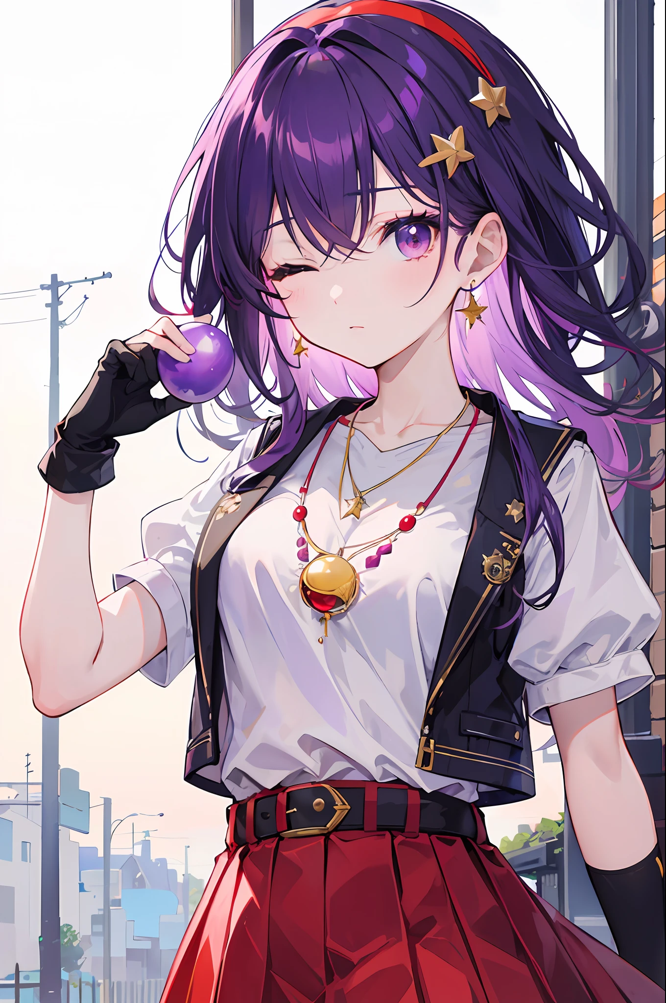 (Masterpiece, Top quality, Best quality, offcial art, Beautiful and aesthetic:1.2), (1girll:1.3), (Fractal art:1.3),
Solo, athena97,
Purple eyes,One eye closed,Purple hair, Long hair, Earrings, red hairband, (puple spherical necklace:1.5),star hair ornament,One_hand_On_glute,one hand v,(Upper body,:1.3) ,
medium breats, Red Open Vest, white high-necked, White puffy sleeves, Short sleeves, Red pleated skirt, deep red pantyhose,Yellow belt, Red fingerless gloves,
(Outdoors), Sunlight, cosplay foto, (cinmatic:0.4),street simple background,