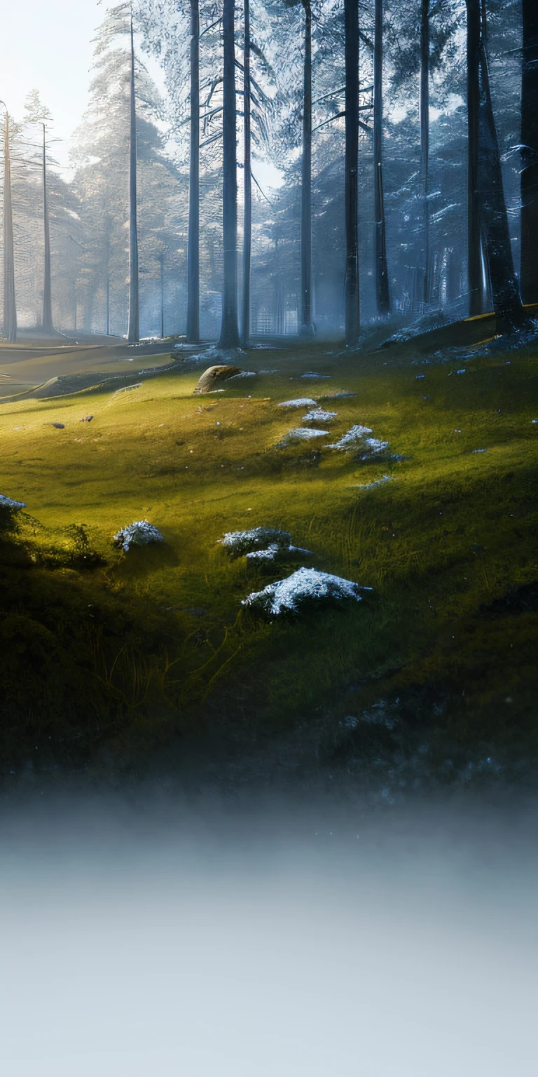 Masterpiece, best quality, high quality, extremely detailed CG unity 8k wallpaper, vast and quiet coniferous forest stretching to the horizon, lush green trees harmoniously gathered together, fresh breeze whispering through the leaves, frozen ground Topped with crystal snow, creating stunning peaceful landscapes, bokeh, depth of field, HDR, bloom, chromatic aberration, photorealism, highly detailed, trending on artstation, trending on CGsociety, intricate, high detail, dramatic, art by midjourney