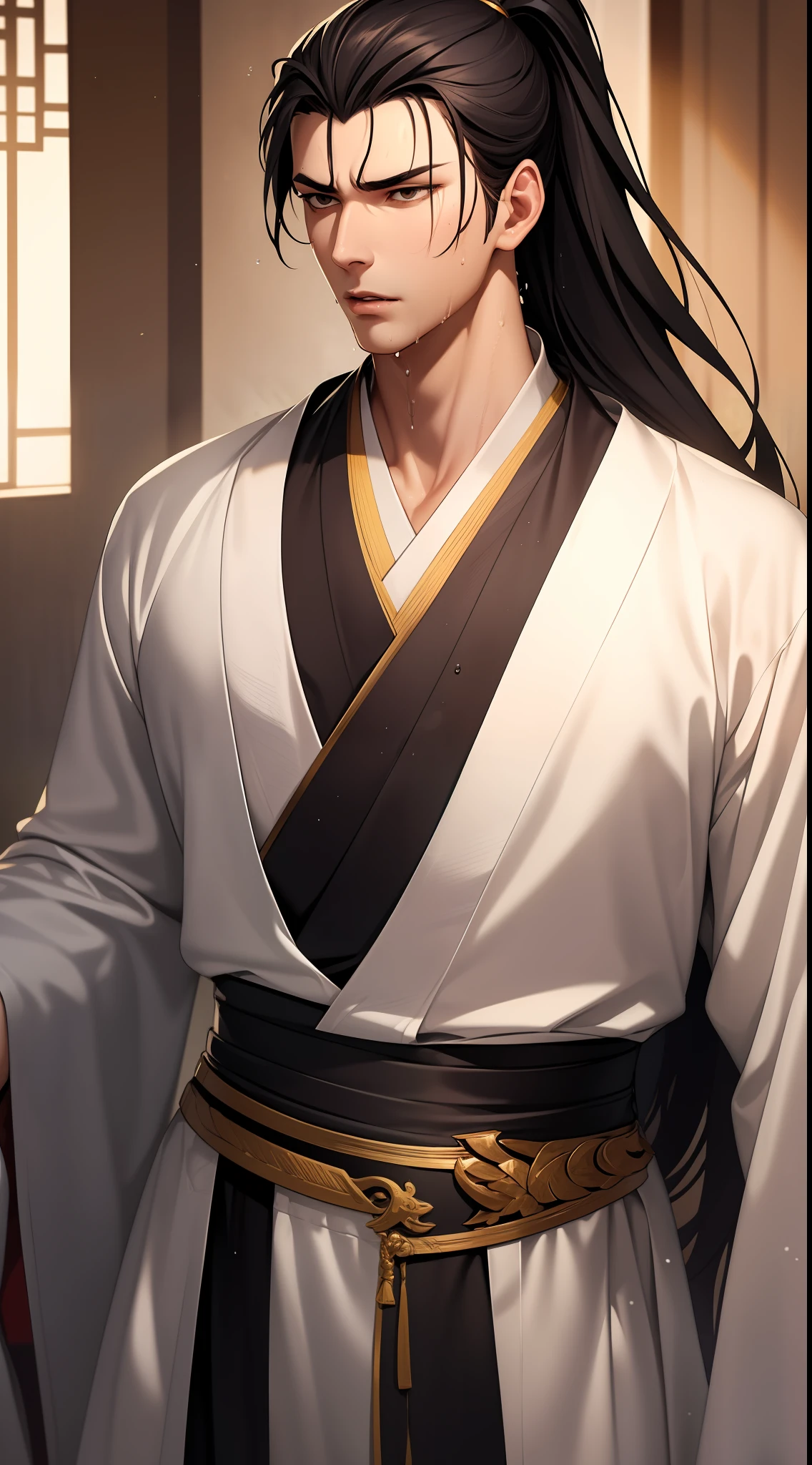 Two-dimensional, anime style, man (male warrior), muscle, correct proportions, face details, martial arts, high ponytail hairstyle, sweating, sweaty face, drooling, neck details, with Adam's apple, wet, wet, Hanfu costume, long robe, embroidered robe, dragon robe, clothing details, collar, long sleeves, game quality, swordsman demeanor, light and shadow tracing, ray tracing, detail glow, CG rendering, hair details, long black hair, golden eyes, sweaty face, handsome, handsome, sweat beads slipping down the neck, (juvenile feeling), complex clothing, wet, wet, perfect composition, refinement, high quality, more details, a lot of details, complex background, atmosphere,