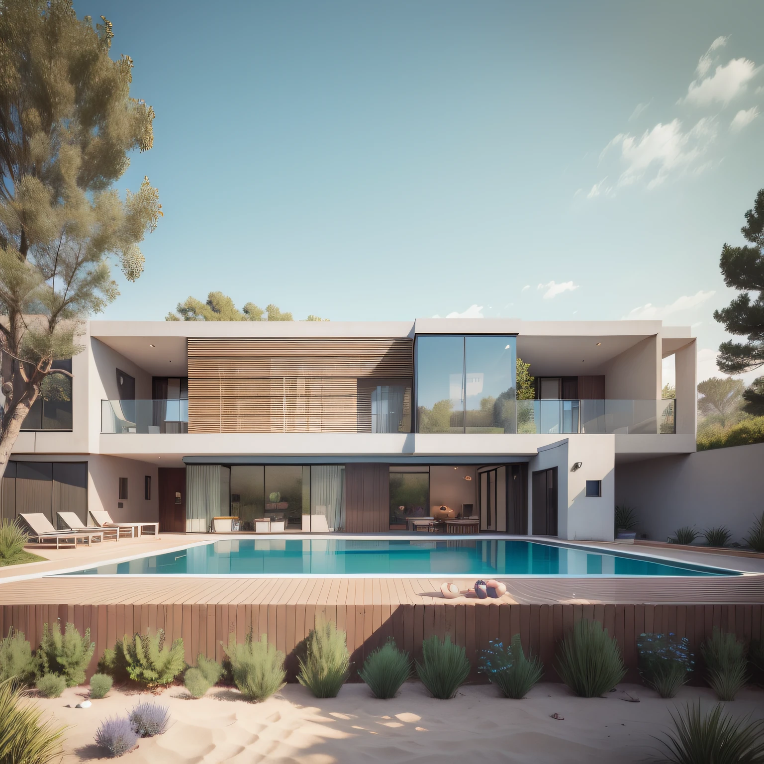 Organic modern architecture on a fairly large plot, from , there is a swimming pool in the middle of a large house of a flower, color of the house in chocolate brown and black beams, large modern residence, flat roofs and garden, render luxcore, render oktane, a photorealistic rendering, architectural rendering, mantra rendering, architectural rendering, realistic rendering, architectural visualization, wellness pool, Architectural visualization, large green zones, with small zones of lavender flowers, green shrubs type lush green garden, as well as small water mirrors, swimming pool embedded in an area of sand, olive and pine trees around the house, paddle court next to the house
