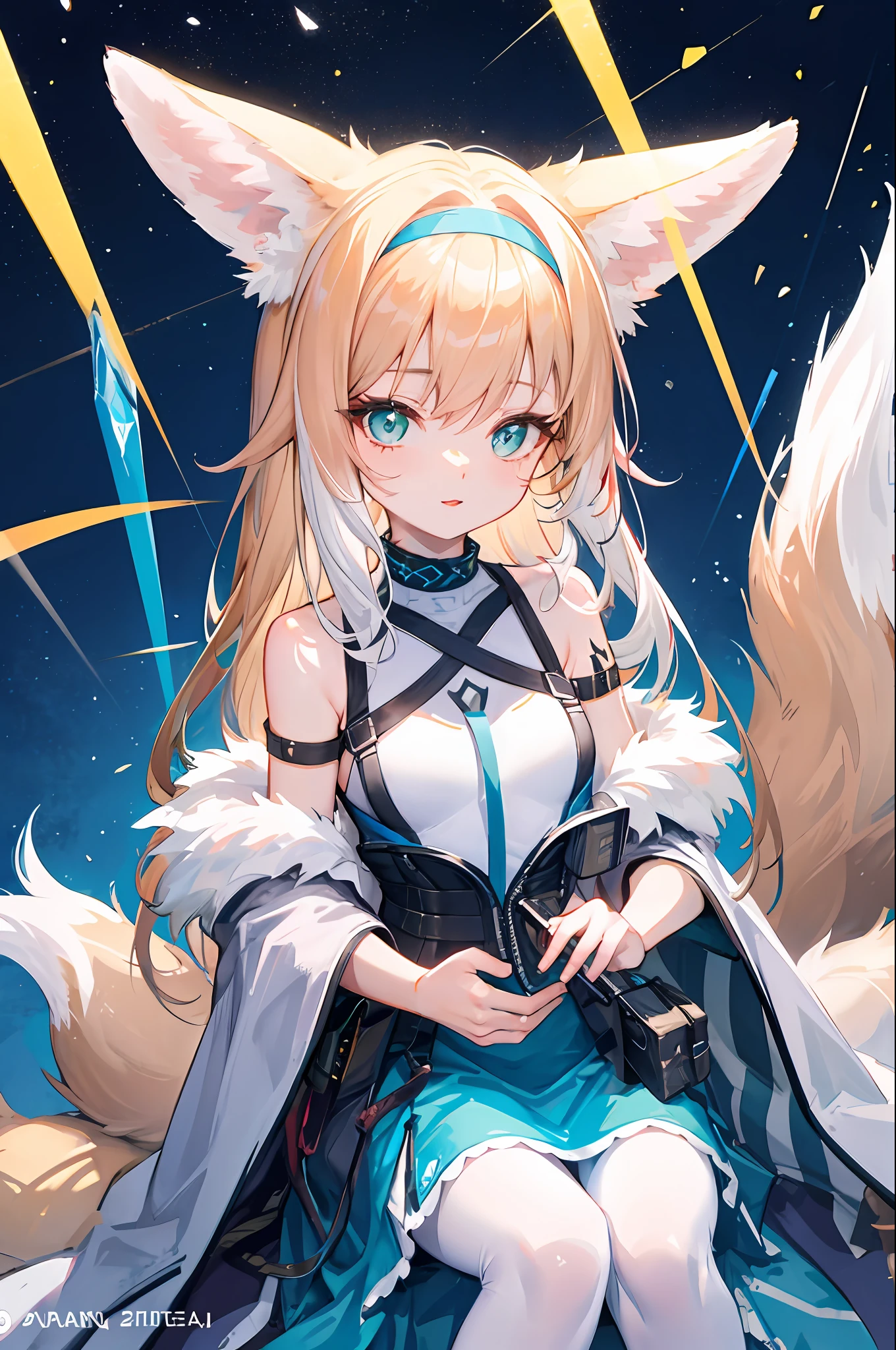 Cute detailed face， Epic hair ， （Big furry wolf ears：1.2） ， blue diamond eyes ， is shy ， redish pink lips ， deactivated ， POV ，， ssmile， （Sat down：0.8） ， 1girll， 独奏， llight rays，