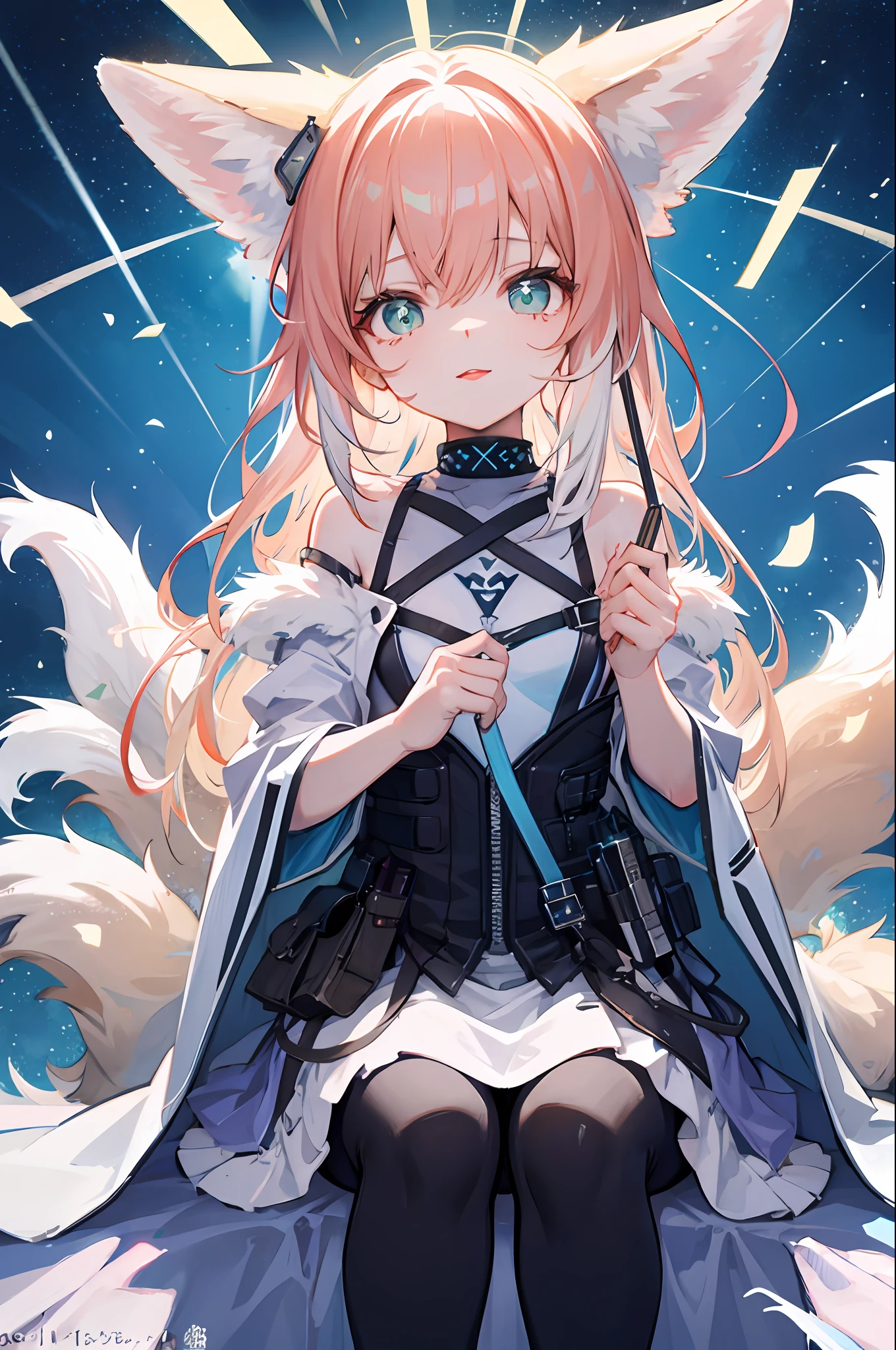 Cute detailed face， Epic hair ， （Big furry wolf ears：1.2） ， blue diamond eyes ， is shy ， redish pink lips ， deactivated ， POV ，， ssmile， （Sat down：0.8） ， 1girll， 独奏， llight rays，