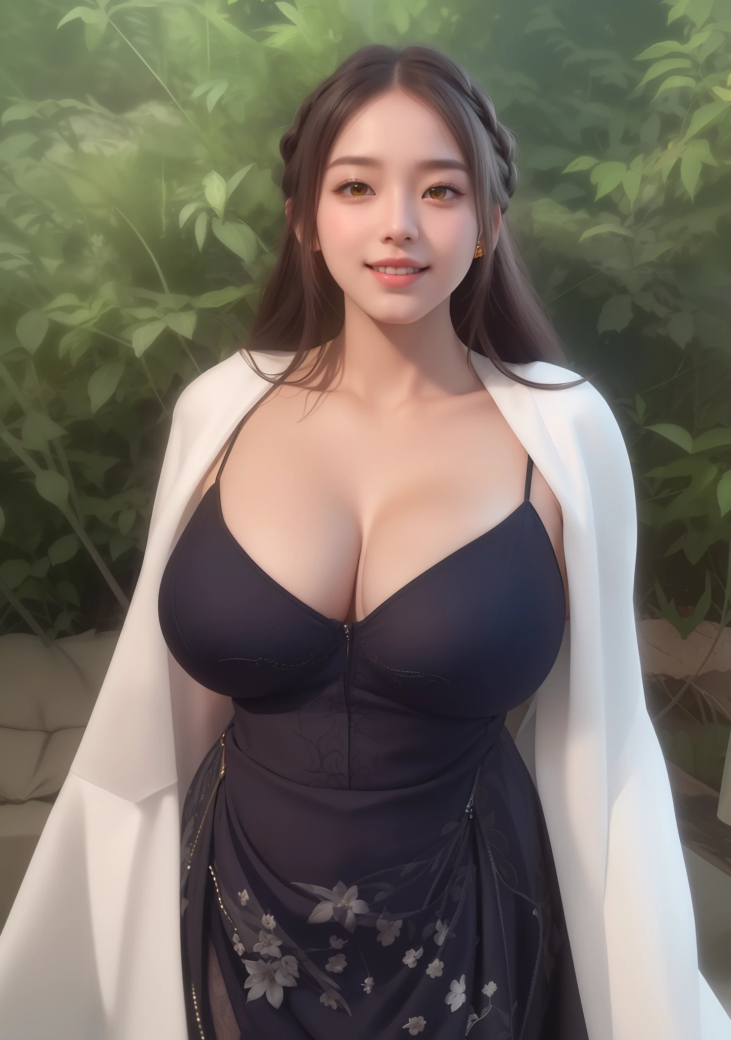 An Idol k-pop girl, (cute face, lewd face), braid hair, intricate face details, detailed face, golden ratio face, ((big breasts:1)), ((slim waist, big butt, big hip, big thighs)), ((intricate hands, detailled hands)), ((intricate feets, detailled feets)), full body, 64K, UHD, HDR, global illumination, (high quality, high detailed, hyper detailed, extremely detailed), photo realistic, ultra realistic, art photo, (clarify the details, detailed parts body), intricate artwork masterpiece, trending on artstation, (shoft smile), tight clothes, (yellow eyes:1), (polished skin:1,9), (sexually aroused), standing, plants, grass