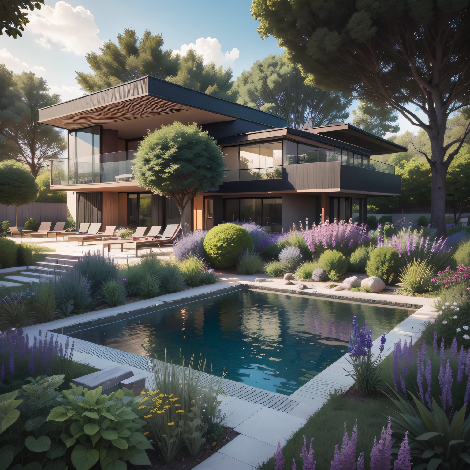 Organic modern architecture on a fairly large plot, from , there is a swimming pool in the middle of a large house of a flower, color of the house in chocolate brown and black beams, large modern residence, flat roofs and garden, render luxcore, render oktane, a photorealistic rendering, architectural rendering, mantra rendering, architectural rendering, realistic rendering, architectural visualization, wellness pool, Architectural visualization, large green zones, with small zones of lavender flowers, green shrubs type lush green garden, as well as small water mirrors, swimming pool embedded in an area of sand, olive and pine trees around the house, paddle court next to the house