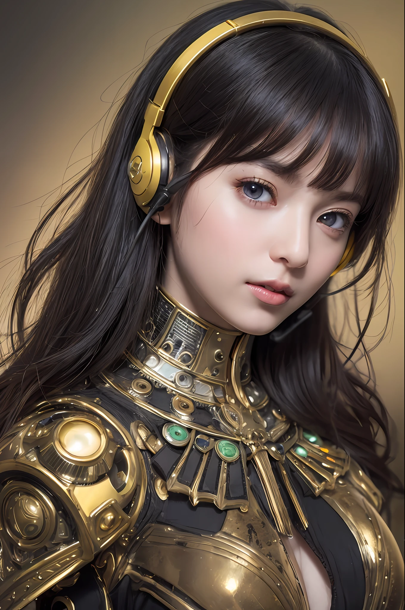 top-quality、masterpiece、超A high resolution、(Photorealsitic:1.4)、Raw photo、Black hair、glowy skin、1 Mechanical Girl、((super realistic details))、portlate、Global Illumination、Shadow、octan render、8K、ultrasharp、Colossal tits、Raw skin is exposed in cleavage、Bionic Cyborg Girl、Black fiberglass body、Details of intricate ornaments of golden color、Insect specifics、Biological curve form、Analog Meter、gear、screw、Golden hydraulic cylinder、highly intricate detail、Realistic light、CGSoation Trends、a purple eye、radiant eyes、Facing the camera、neon details、blood vessels connected to tubes、Mechanical vertebrae attached to the back、mechanical cervical attaching to neck、sitting on、Wires and cables connecting to the head、Gorgeous headset、Glowing LED lamp、The background is a steampunk room、
