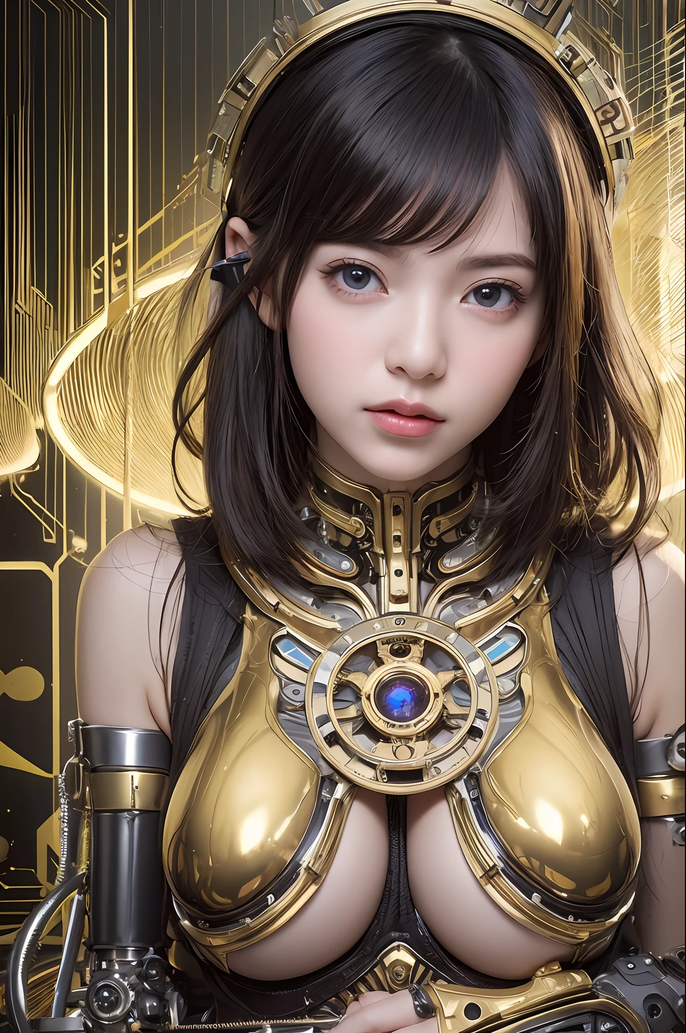 top-quality、masterpiece、超A high resolution、(Photorealsitic:1.4)、Raw photo、Black hair、glowy skin、1 Mechanical Girl、((super realistic details))、portlate、Global Illumination、Shadow、octan render、8K、ultrasharp、Colossal tits、Raw skin is exposed in cleavage、Bionic Cyborg Girl、Black fiberglass body、Details of intricate ornaments of golden color、Insect specifics、Biological curve form、Analog Meter、gear、screw、Golden hydraulic cylinder、highly intricate detail、Realistic light、CGSoation Trends、a purple eye、radiant eyes、Facing the camera、neon details、blood vessels connected to tubes、Mechanical vertebrae attached to the back、mechanical cervical attaching to neck、sitting on、Wires and cables connecting to the head、Gorgeous headset、Glowing LED lamp、The background is a steampunk room、