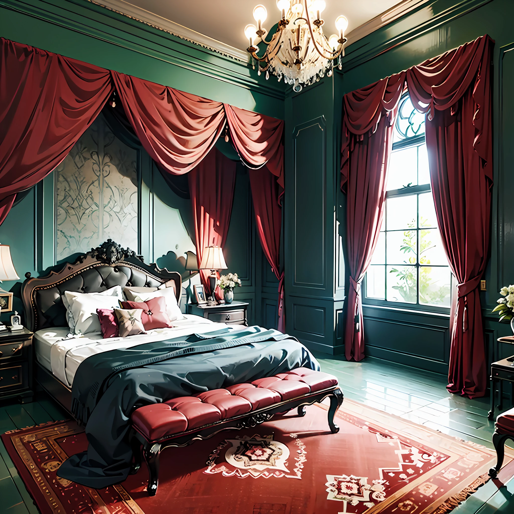 Large spacious bedroom in a Gothic entourage, The windows are covered with tall dark curtains, ornate furniture, one large chandelier, High ceiling.