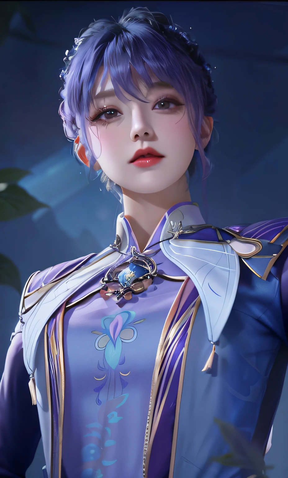 Close-up of a woman with blue hair and a purple shirt, Superb beauty,((short detailed hair)),Portrait Chevaliers du Zodiaque Fille, zhongli from genshin impact, Keqing from Genshin Impact, Yun Ling, inspired by Leng Mei, Beautiful character painting, uma linda princesa, Exquisite princess, portrait of a female mage, Rendu portrait 8k