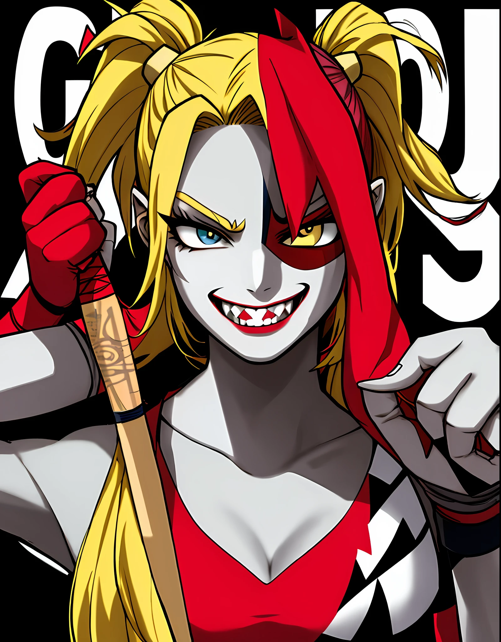 Close-up of a man holding a baseball bat on a black background, Harley Quinn, harley queen, Portrait of Halle Quinn, An anime cover, of harley quinn, Badass anime 8 K, Kawasi,