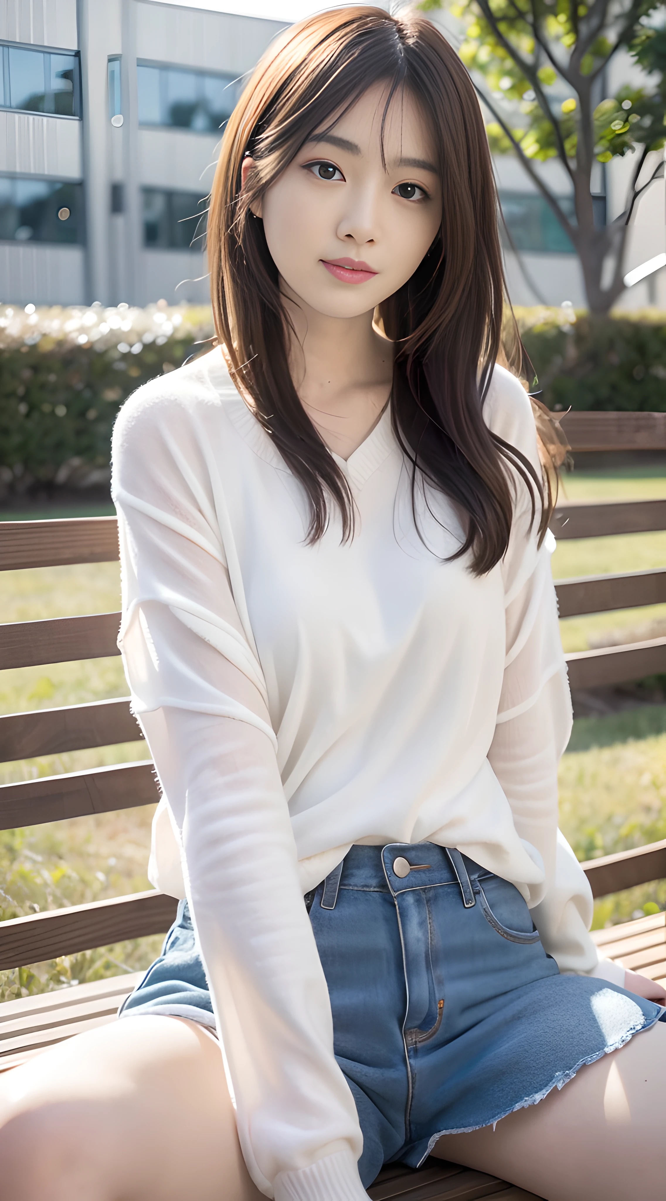 mix4, 20 days, Solo, Long_Hair, Nanase Nishino,plumw, Haruka Kaki, park, bench, Seated, (8K, RAW photography, Best quality, Masterpiece:1.2), (Realistic, Photorealistic: 1.37), Professional lighting, photon maping, Radio City, physically-based renderingt