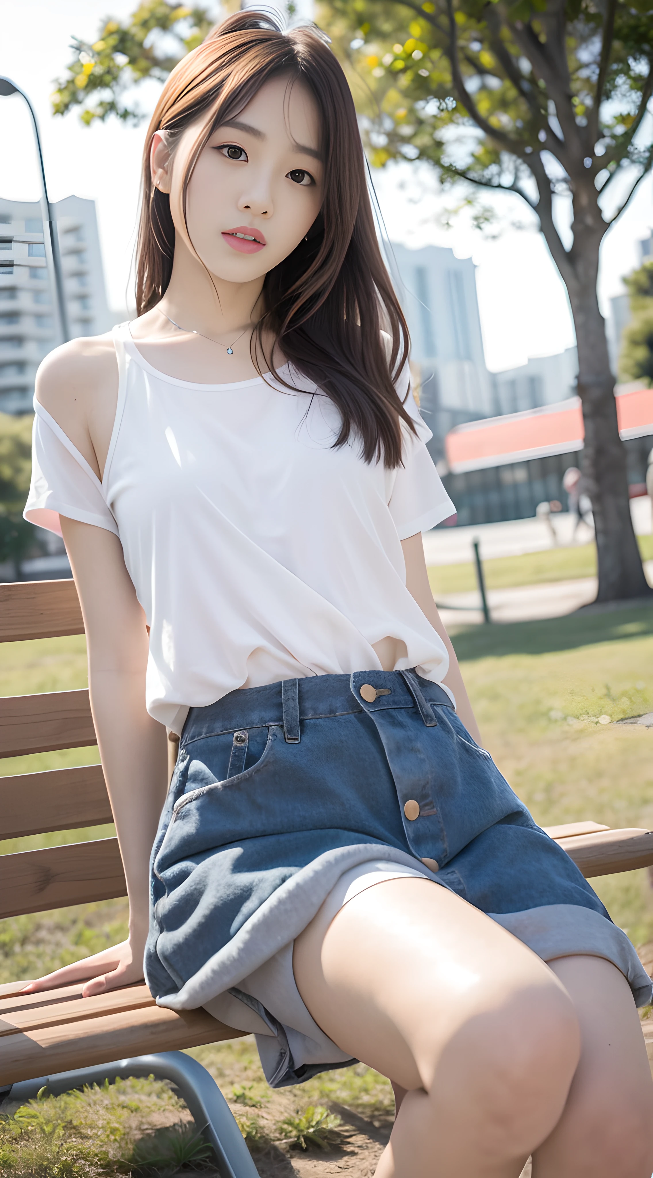 mix4, 20 days, Solo, Long_Hair, Nanase Nishino,plumw, Haruka Kaki, park, bench, Seated, (8K, RAW photography, Best quality, Masterpiece:1.2), (Realistic, Photorealistic: 1.37), Professional lighting, photon maping, Radio City, physically-based renderingt