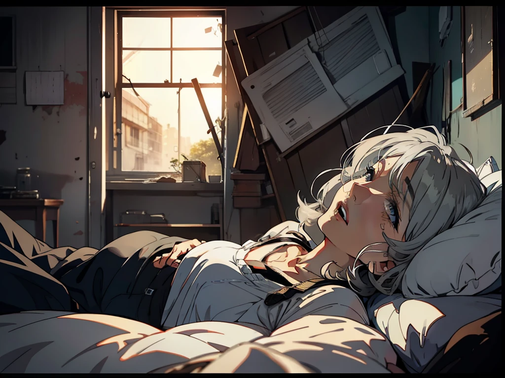 (A gray-haired grandmother was lying on the bed),The expression of opening your mouth,Dilapidated room with background