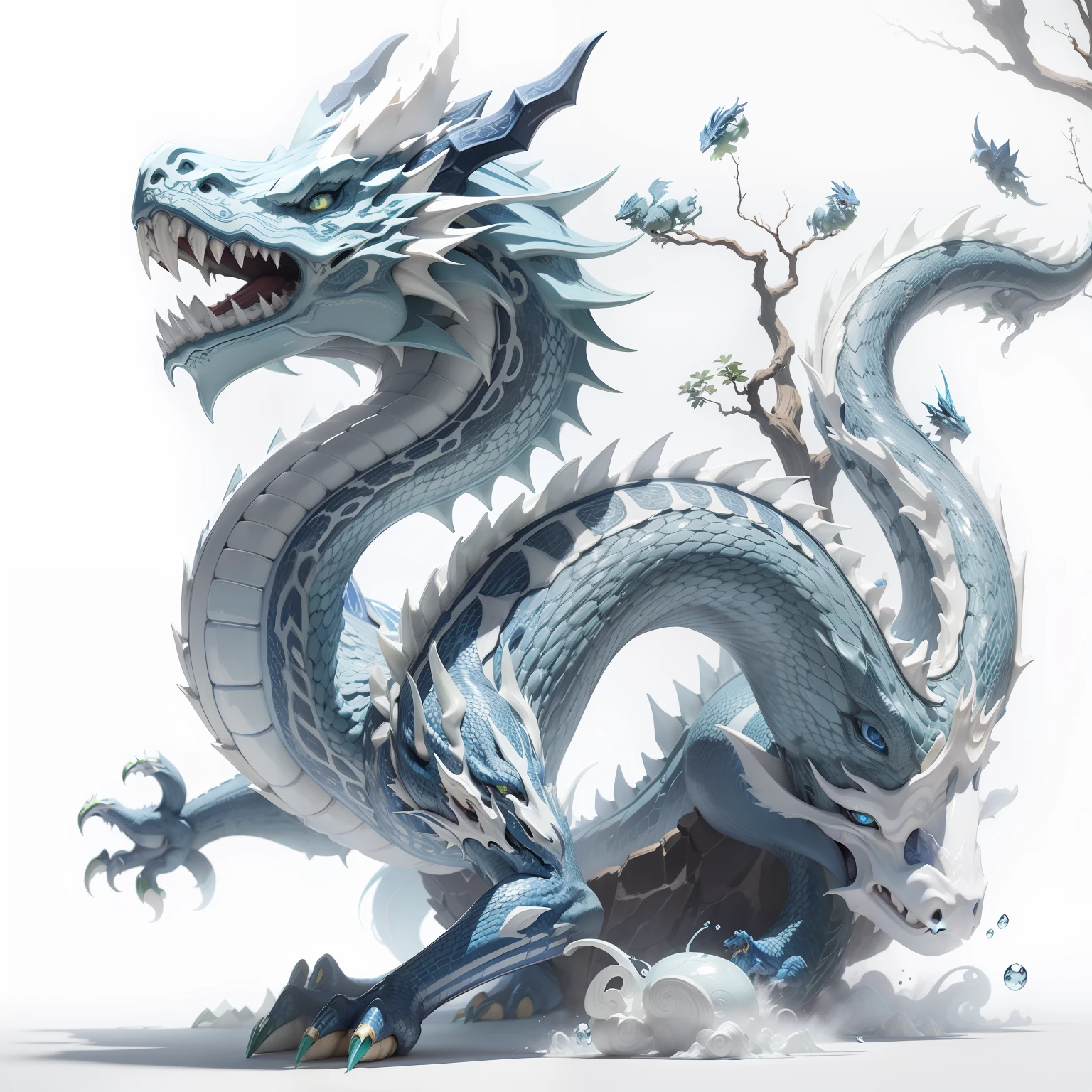 drak,Blue and white porcelain,Green Dragon,mythological beasts,ferocious,bucktooth,Clear lines,k hd,Pattern,Clear lines --auto
