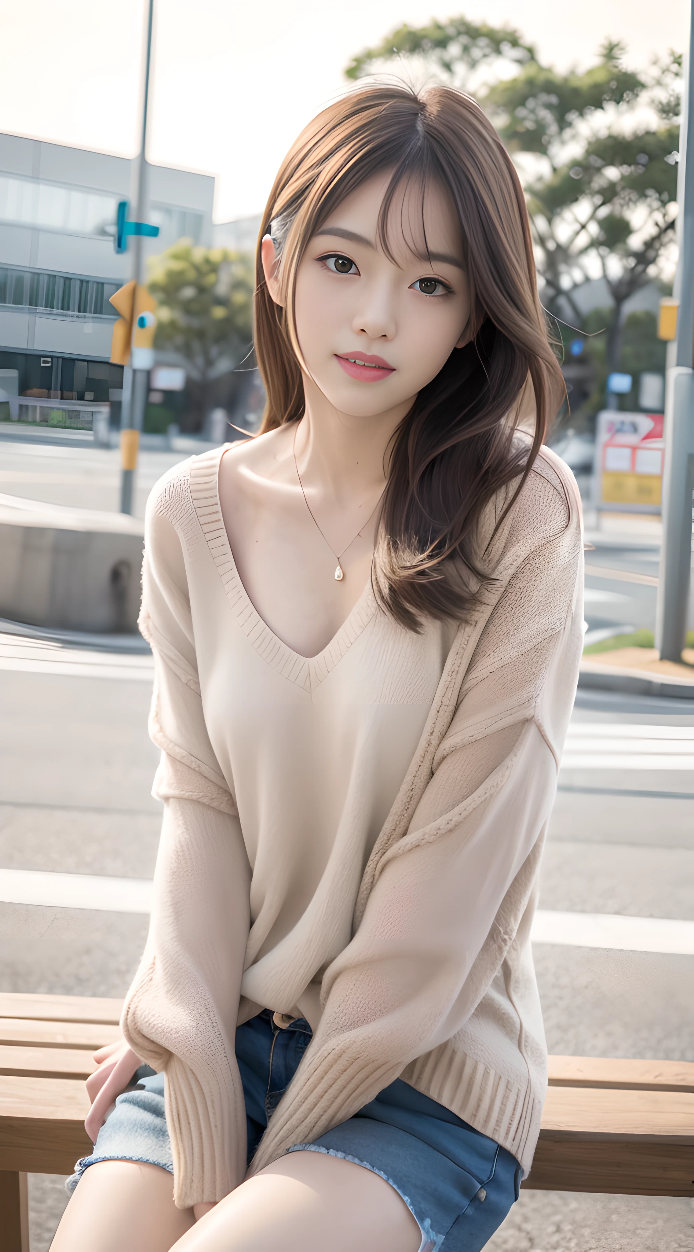 mix4, 20 days, Solo, Long_Hair, Nanase Nishino,plumw, Haruka Kaki, park, bench, Seated, (8K, RAW photography, Best quality, Masterpiece:1.2), (Realistic, Photorealistic: 1.37), Professional lighting, photon maping, Radio City, physically-based renderingt