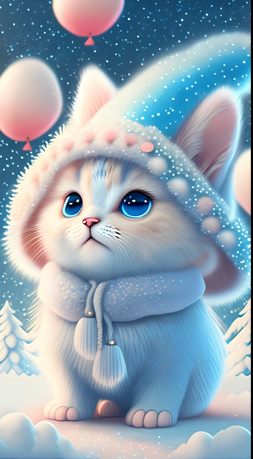 In this ultra-detailed CG art,Cute kittens surrounded by ethereal balloons,laughingly,blingbling,red colour,Best quality at best,A high resolution,Complicated details,fanciful,cute animal,Funny,Open-mouthed!!!,laughingly!!,To the right!!!