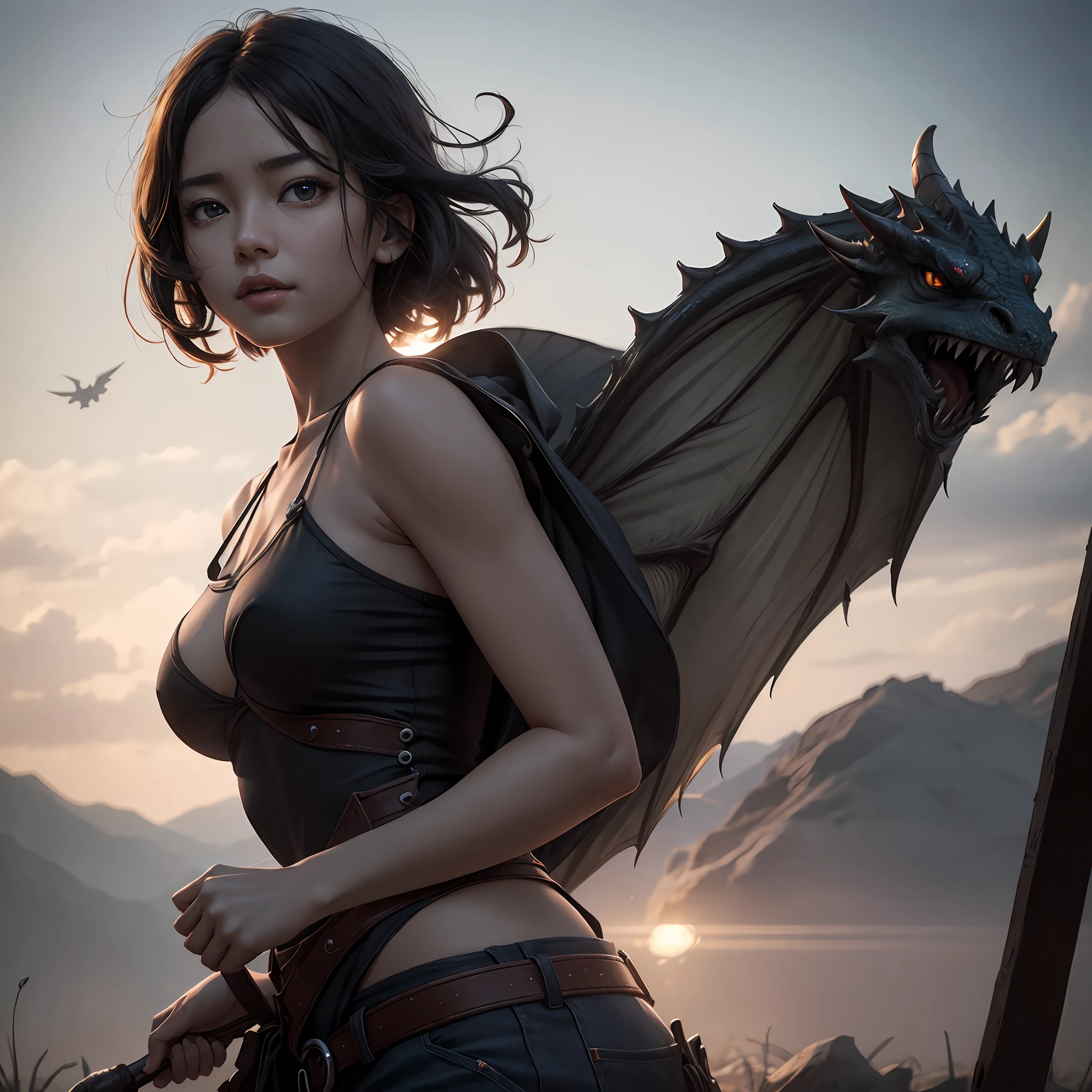 、top-quality、tmasterpiece、超A high resolution、(Photorealsitic:1.4)、RAW photo、1 rapariga、Black hair、glowy skin、1 mechanical girl、((Super realistic details))、porate、Global illumination、black shadows、octan render、8K、ultrasharp、huge tit、There are dragons behind it、Classical antique、high definition detail、复杂、 --auto