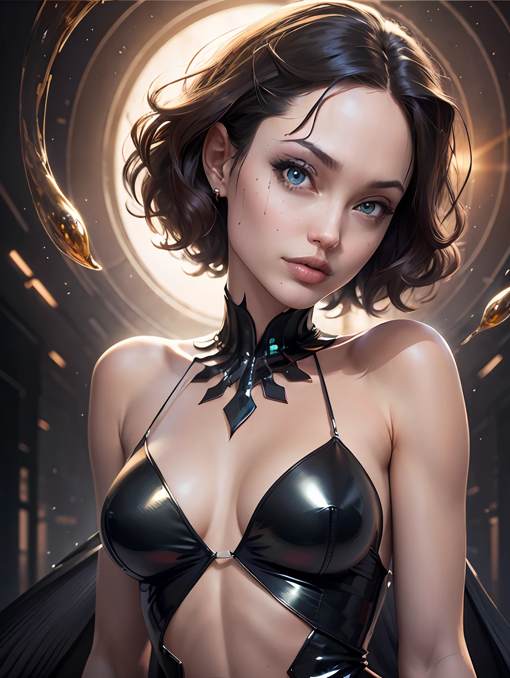 Catwoman, (masterpiece), realistic, (portrait of a girl), beautiful face, sunlight, cinematic light, bangs, beautiful woman, beautiful eyes, short black hair, perfect anatomy, very cute, princess eyes, (eyes blacks), (frame head), focused, stylized, Bioluminescence, 8K resolution, low-cut white dress with small blue details, human hands, full of wonder, graceful, approaching perfection, dynamic, highly detailed, character sheet, art conceptual, smooth, looking directly at viewer positioned so that her body is symmetrical and balanced, stunningly beautiful, detailed short black hairstyle with bangs, --auto --s2