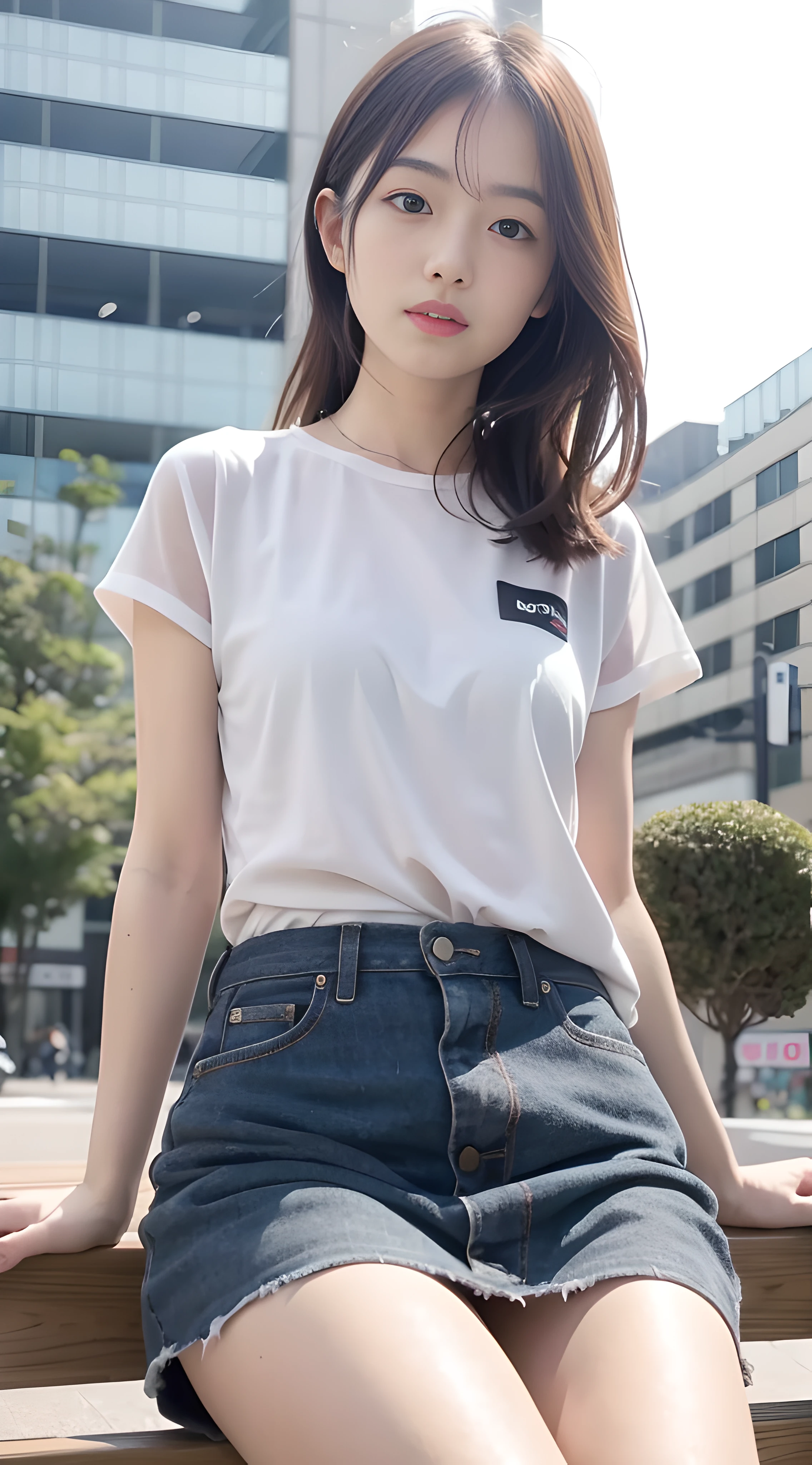 mix4, 20 days, Solo, Long_Hair, Nanase Nishino,plumw, Haruka Kaki, park, bench, Seated, (8K, RAW photography, Best quality, Masterpiece:1.2), (Realistic, Photorealistic: 1.37), Professional lighting, photon maping, Radio City, physically-based renderingt
