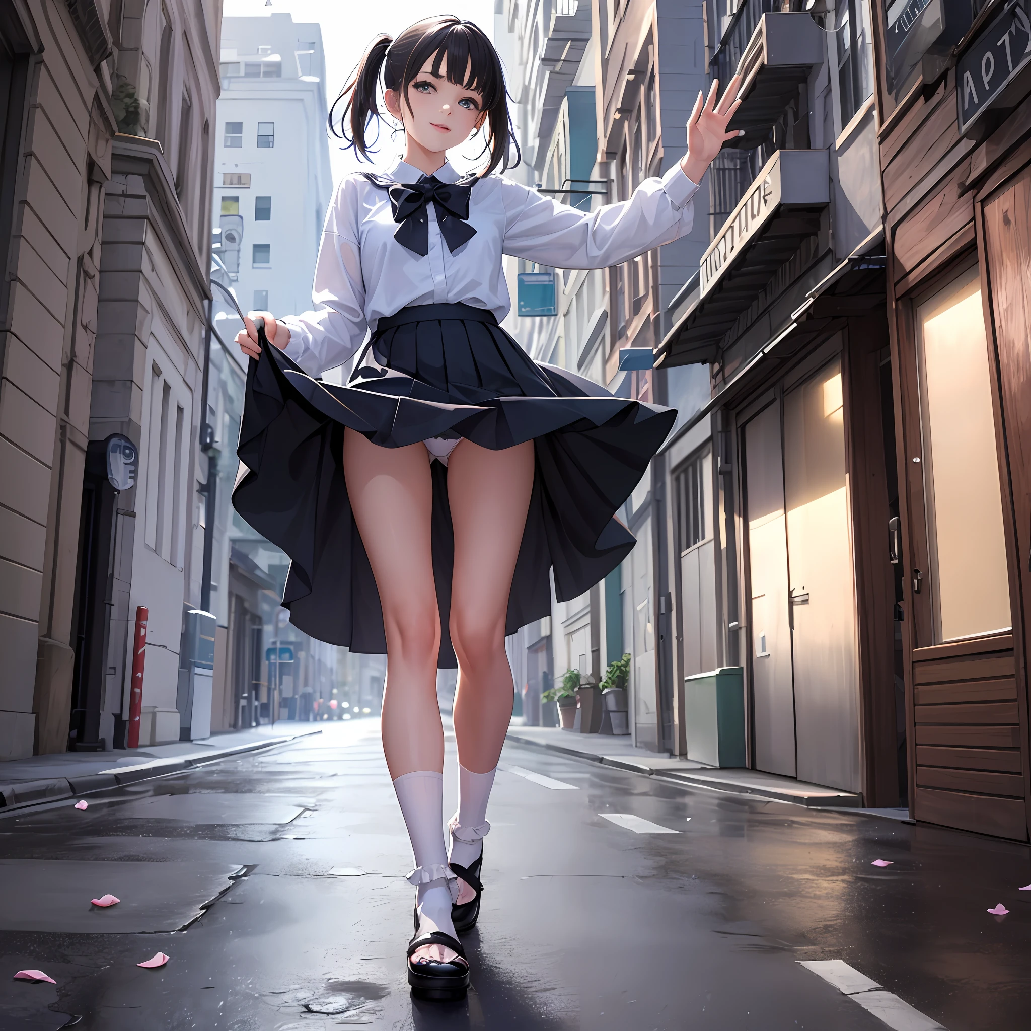 (tmasterpiece, top-quality,best qualityer, offcial art,Beauty and aesthetics:1.2),(1 girl :1.5),extremely detaile,(s fractal art:1),rich colourful,highest details, s the perfect face, hdr, Full background,Skirt,Small top,(light stre),striking visual effects,dynamic streaks,Luminous trajectory, vivd colour,Bare legged,White cotton socks, Perfect leg shape, ((leg ring)), Solo , Looks sweet, Smile, looking at viewer, JK, Lace, Single horsetail, hair splayed out, Cortical leg ring, Lace leg loops, Almost exposed panties, Small skirt to the knee, Lift the skirt with one hand, Expose part of the panties, Beautiful face, Nice legs, Full body appearance, Reach for the camera, socks have lace, an off-the-shoulder top, The sleeves are translucent, Lift the skirt with one hand, Disgusted eyes, Two feet exposed, white short socks, lace-trimmed, ((loose socks)), Lift the corner of the skirt, Tie a strap around your thigh,Two feet, one in front and one behind,Clear leg lines, Fold socks ,White_Socks, Socks, Toes, sole, (Ruffled socks:1.5), school uniform, Hands back, One foot up, There is a strap tied around the thigh, cherry blossm, Blur close-up, Clear portraits, outdoor, Oblique lens, Touching the hair, Touch the skirt, ((Short socks)), ((Socks are short)), soft light , Hold the ground with one hand, Touch ears with one hand, Touch the skirt with one hand, Denim skirt, On the street, Street photography, rays of sunshine, Businesses, The streets are full of people, Gestures to take pictures, pop star, Scouting, The gaze in the crowd, Back Shadow, Walk on the road, Turn Back, Turn your back to the lens, Ruffled socks but only one side, Small leather shoes, sandals, Denim skirt