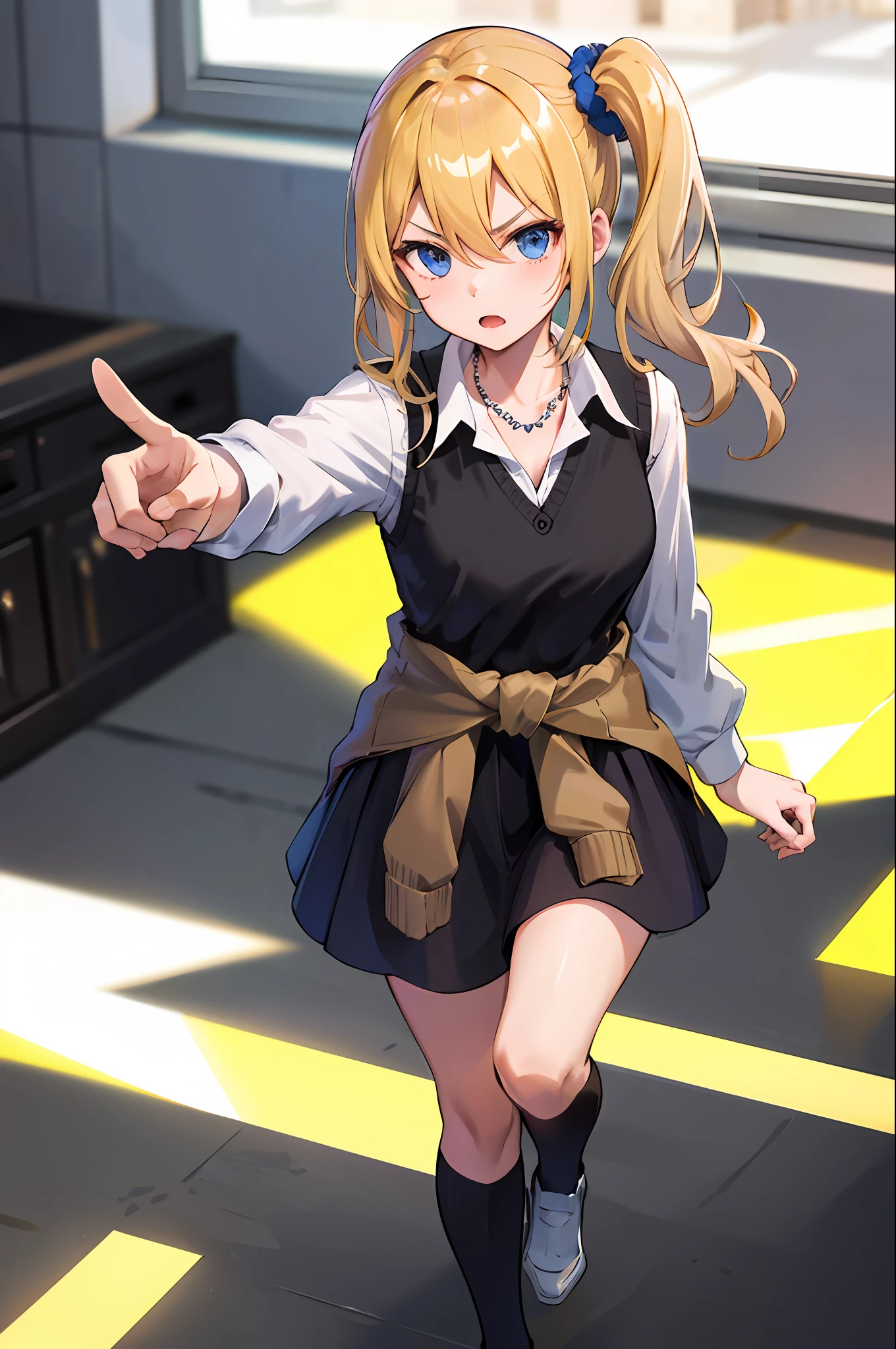 masterpeace, best quality, highres, 1girl, solo, hayasaka ai, blue scrunchie, side ponytail, hair between eyes, blue eyes, blonde hair, hair ornament, breasts, school uniform, collared shirt, hair scrunchie, clothes around waist, bangs, black socks, black vest, long hair, long sleeves, cardigan, sidelocks, kneehighs, dress shirt, necklace, collarbone, black dress, jewelry, sweater, angry, pointing,