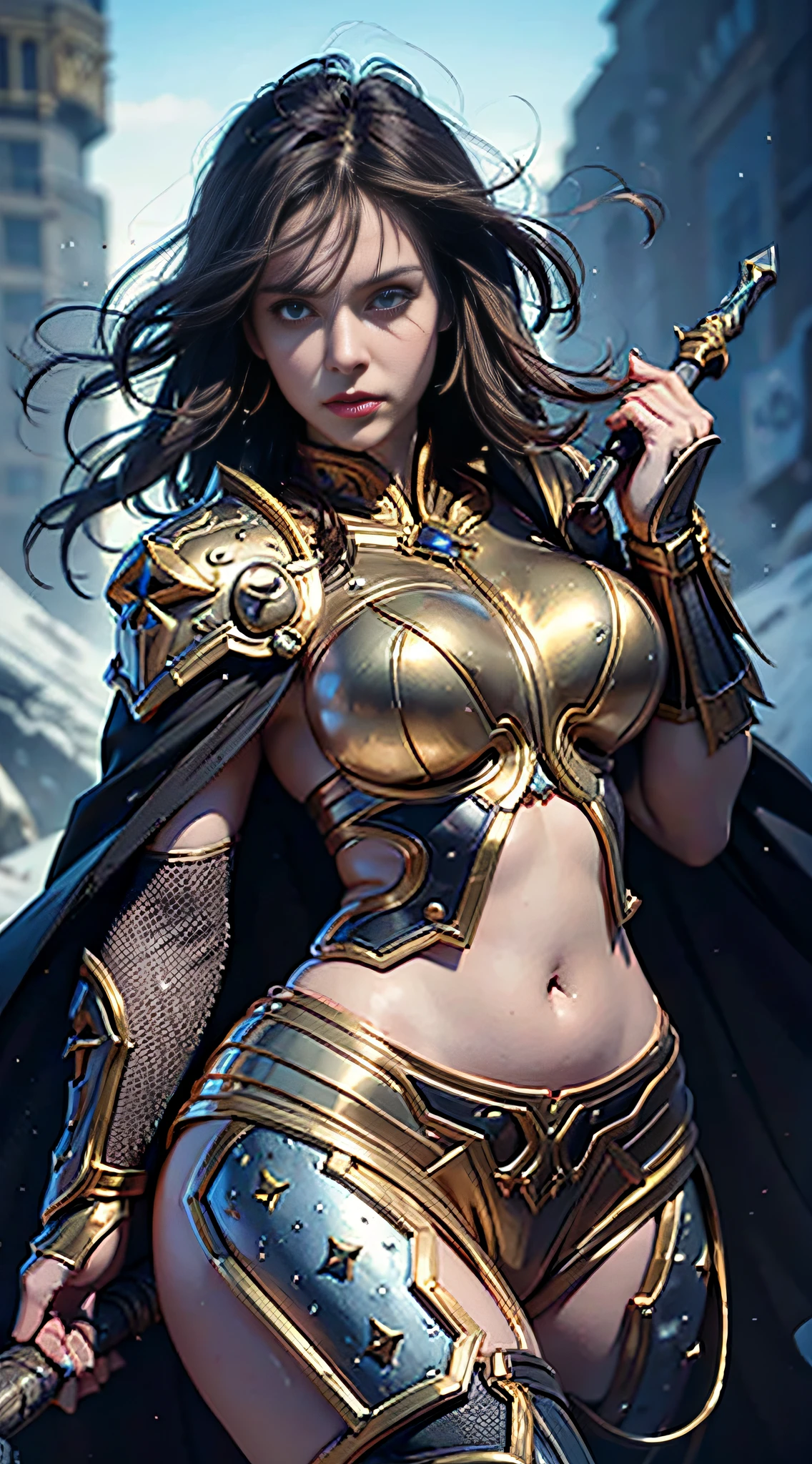 8k,ultra detailed, masterpiece, best quality, (extremely detailed), dynamic angle, Mysterious expression, wind effect, fantasy background, rim lighting, cinematic light, ultra high res, 8k uhd, film grain,best shadow, delicate, RAW, light particles, detailed skin texture, detailed armor texture, detailed face, intricate details, ultra detailed, bright, strong, (perfect boobs), golden armor, (exposed belly, exposed thighs), (holding hammer), smashing, smash action, pauldrons, glowing eyes, long cape, fantasy, (realistic), shoulder armor, complex, intricate, perfect lighting, looking at viewer, cinematic lighting, flying in sky,flying, holy light, vivid, bangs, windy