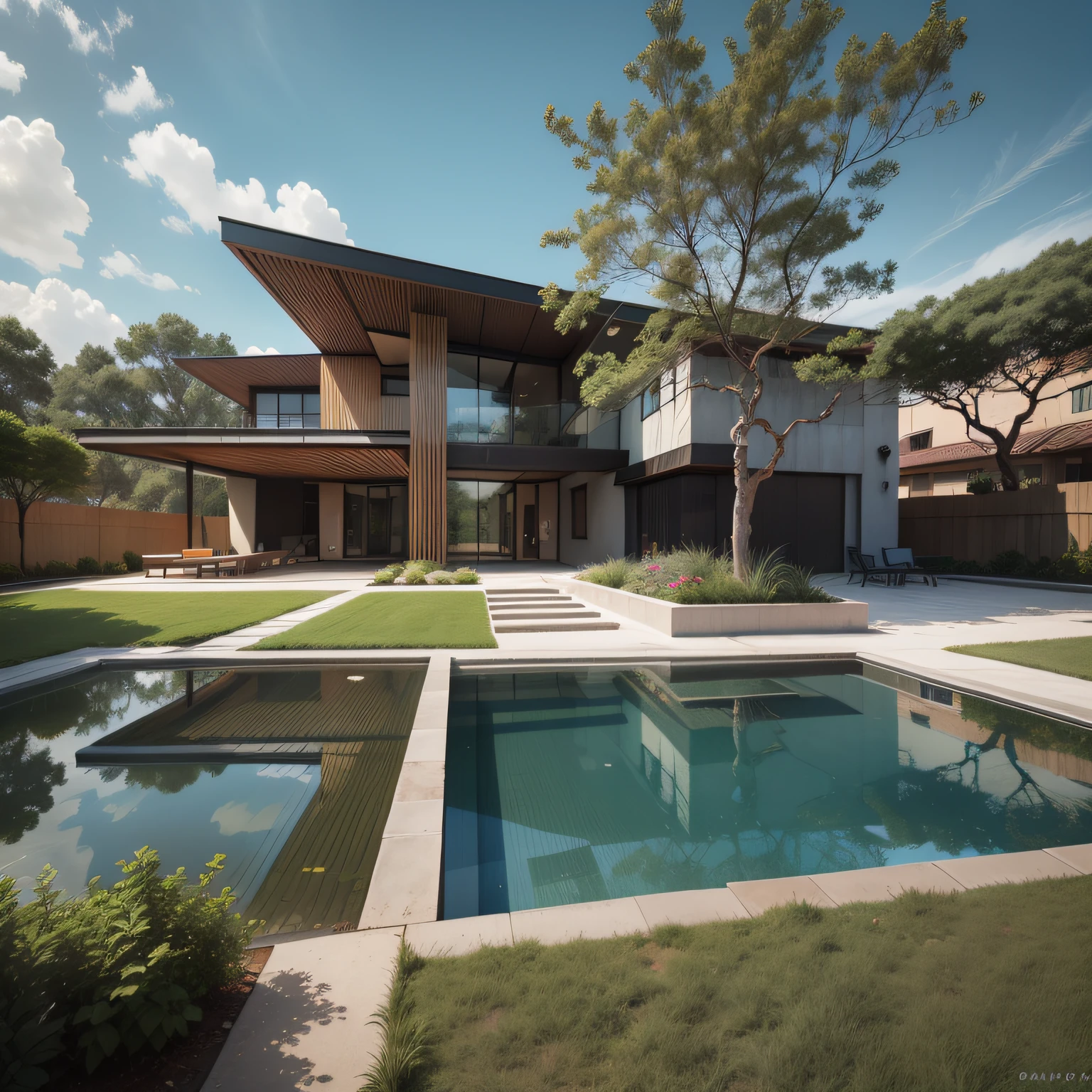 Organic modern architecture on a plot of land without walls and fences, Terreno bastante grande, terreno com cavalos, paisagem liver, pradaria com arvores , There is a swimming pool in the middle of a large one-story house, cor da casa em vigas marrom chocolate e preto, large modern residence, telhados planos e jardim, render luxcore, renderizar oktane, a photorealistic rendering, architectural render, mantra rendering, architectural render, realism rendering, architectural visualisation, piscina de bem-estar, architectural visualisation, Large green areas, com pequenas zonas de flores de lavanda, arbustos verdes tipo exuberante jardim verde, as well as small water mirrors, swimming pool embedded in an area of sand, oliveiras e pinheiros ao redor da casa, quadra de padel ao lado da casa