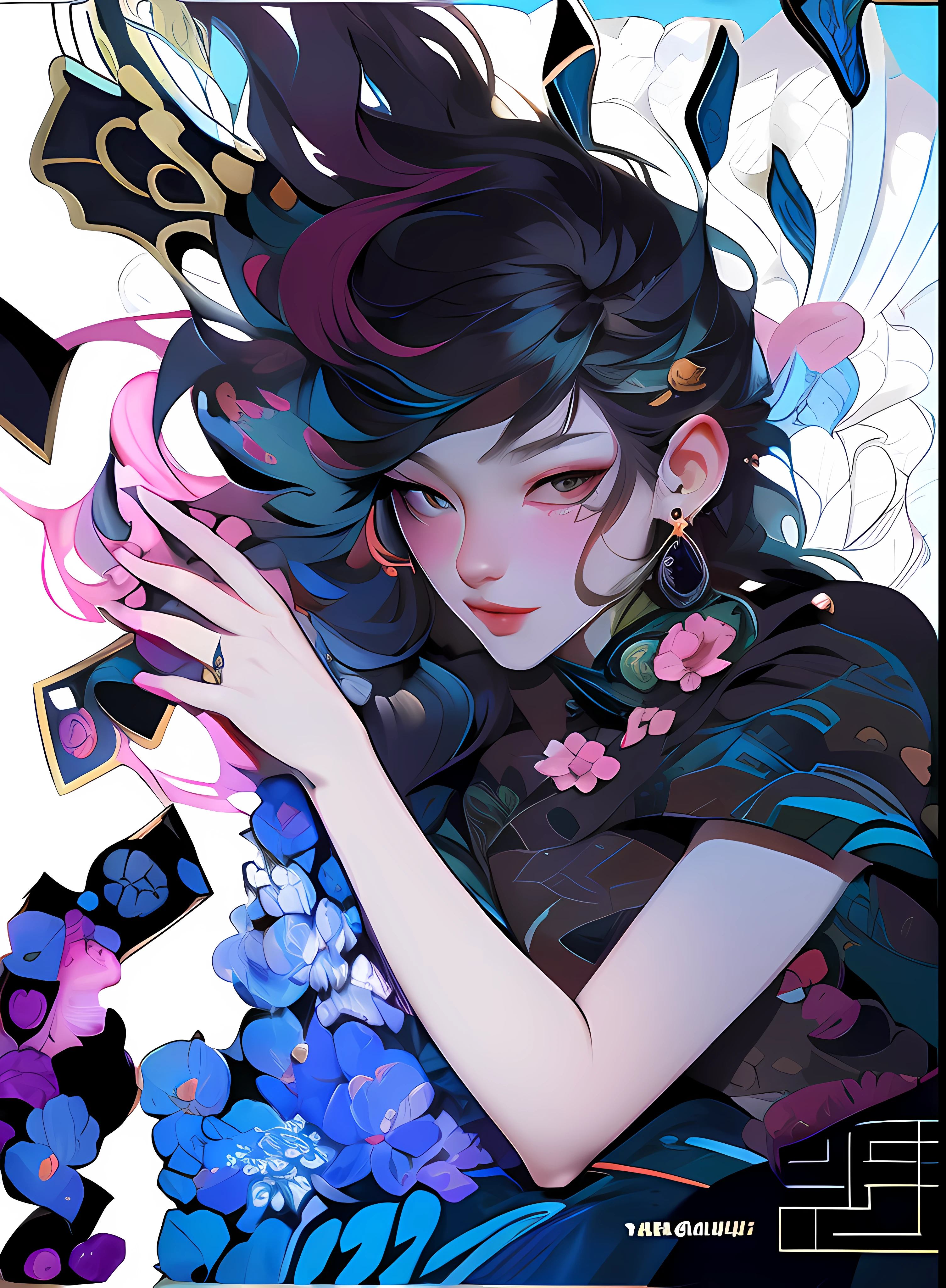 there is a woman laying on the ground with her head in her hands, artwork in the style of guweiz, digital anime illustration, digital art on pixiv, guweiz on pixiv artstation, artgerm and atey ghailan, guweiz, guweiz on artstation pixiv, digital anime art, mirrors edge art style,(masterpiece, top quality, best quality, official art, beautiful and aesthetic:1.2), (1girl:1.3), extremely detailed,(fractal art:1.1),(colorful:1.1)(flowers:1.3),highest detailed,(zentangle:1.2), (dynamic pose), (abstract background:1.3), (chinese Traditional cloth:1.2), (shiny skin), (many colors:1.4), ,(earrings:1.4),