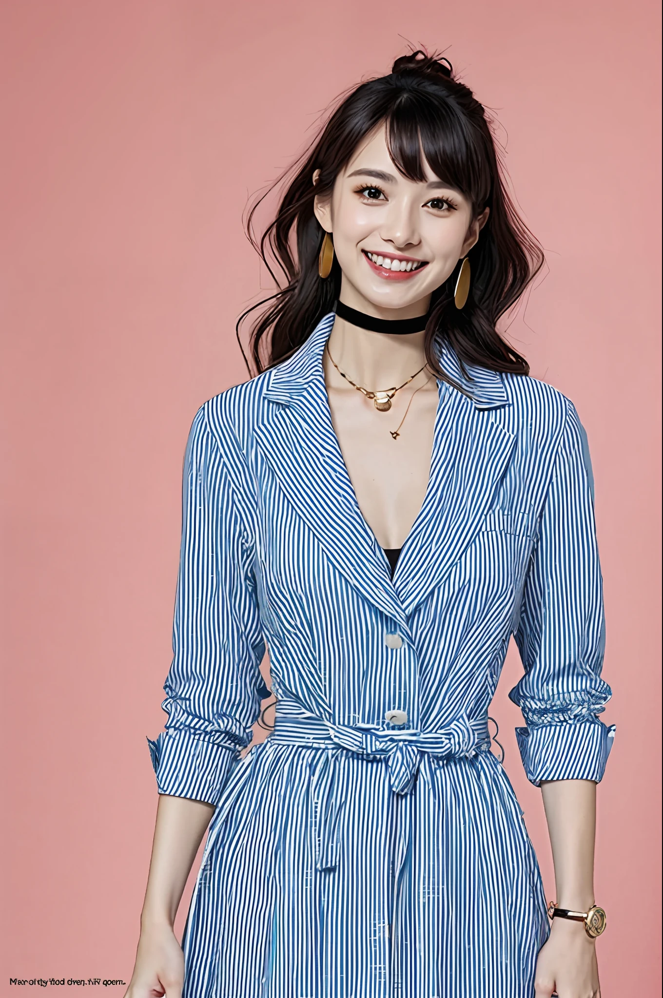masterpiece, best quality, full body, 1girl, bangs, black choker, black necktie, black hair, blue skirt, blush, bracelet, breasts, choker, clothes around waist, collarbone, collared shirt, cowboy shot, dress shirt, ear piercing, eyebrows visible through hair, gradient hair, grin, gyaru, jewelry, kogal, long hair, looking at viewer, loose necktie, necktie, piercing, plaid, plaid skirt, pleated skirt, red eyes, ring, school uniform, shirt, skirt, smile, solo, white shirt, street, sky, cherry blossoms, petals,illustration, (magazine:1.3), (cover-style:1.3), fashionable, woman, vibrant, outfit, posing, front, colorful, dynamic, background, elements, confident, expression, holding, statement, accessory, majestic, coiled, around, touch, scene, text, cover, bold, attention-grabbing, title, stylish, font, catchy, headline, larger, striking, modern, trendy, focus, fashion,