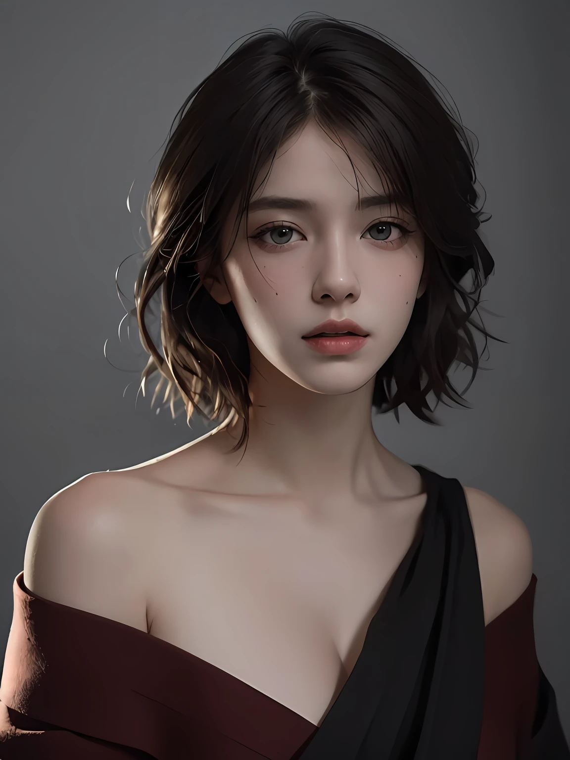 Best quality, masterpiece, ultra high res, (photorealistic:1.5), raw photo, 1girl, offshoulder, in the dark, deep shadow, low key, cold light, sexy look, short hair