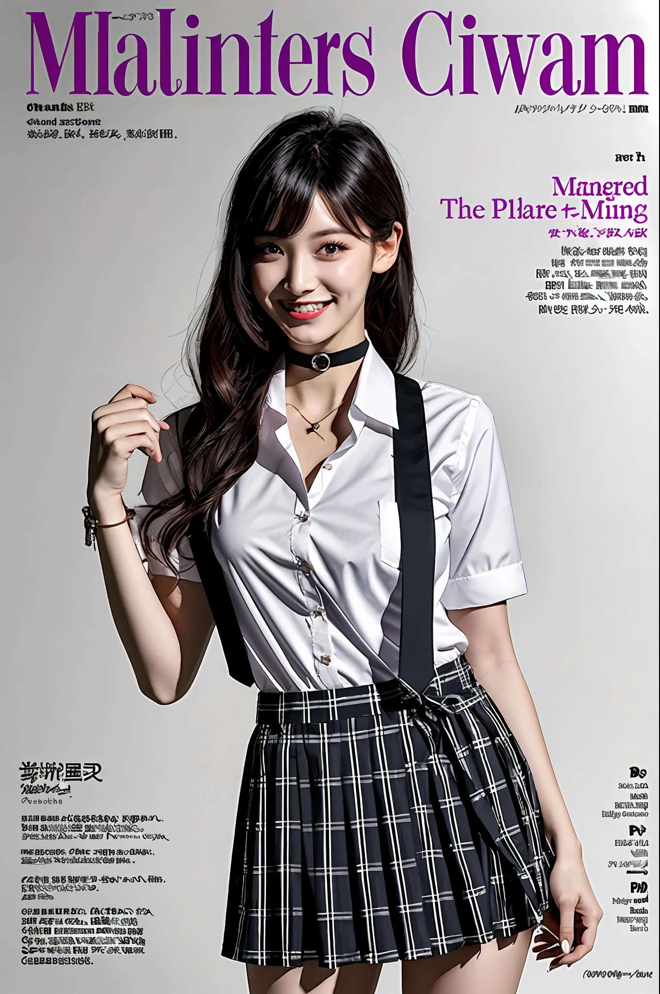 masterpiece, best quality, full body, 1girl, bangs, black choker, black necktie, black hair, blue skirt, blush, bracelet, breasts, choker, clothes around waist, collarbone, collared shirt, cowboy shot, dress shirt, ear piercing, eyebrows visible through hair, gradient hair, grin, gyaru, jewelry, kogal, long hair, looking at viewer, loose necktie, necktie, piercing, plaid, plaid skirt, pleated skirt, red eyes, ring, school uniform, shirt, skirt, smile, solo, white shirt, street, sky, cherry blossoms, petals,illustration, (magazine:1.3), (cover-style:1.3), fashionable, woman, vibrant, outfit, posing, front, colorful, dynamic, background, elements, confident, expression, holding, statement, accessory, majestic, coiled, around, touch, scene, text, cover, bold, attention-grabbing, title, stylish, font, catchy, headline, larger, striking, modern, trendy, focus, fashion,