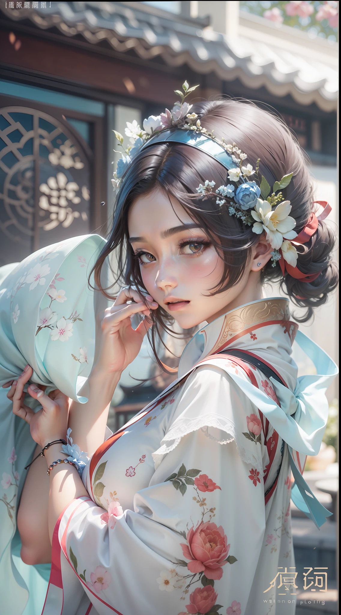 Exquisite and exquisite Chinese beauty，with short black hair，naturally straight hair，Superb sophistication，Good facial features，Peerless beauty，softness，dreamlike quality，Reallightandshadow，Ultra-fine brunette hair，Wear an ice flower dress，She wears a beautiful hair ornament on her head，Delicate melon seed face，Delicate skin，frontage，with blue sky and white clouds，Cover of a，zoom，Collar，Hyper-detailed painting，with light glowing，Natural soft light，复杂，4K，Naturally moving，Realistic，超高分辨率