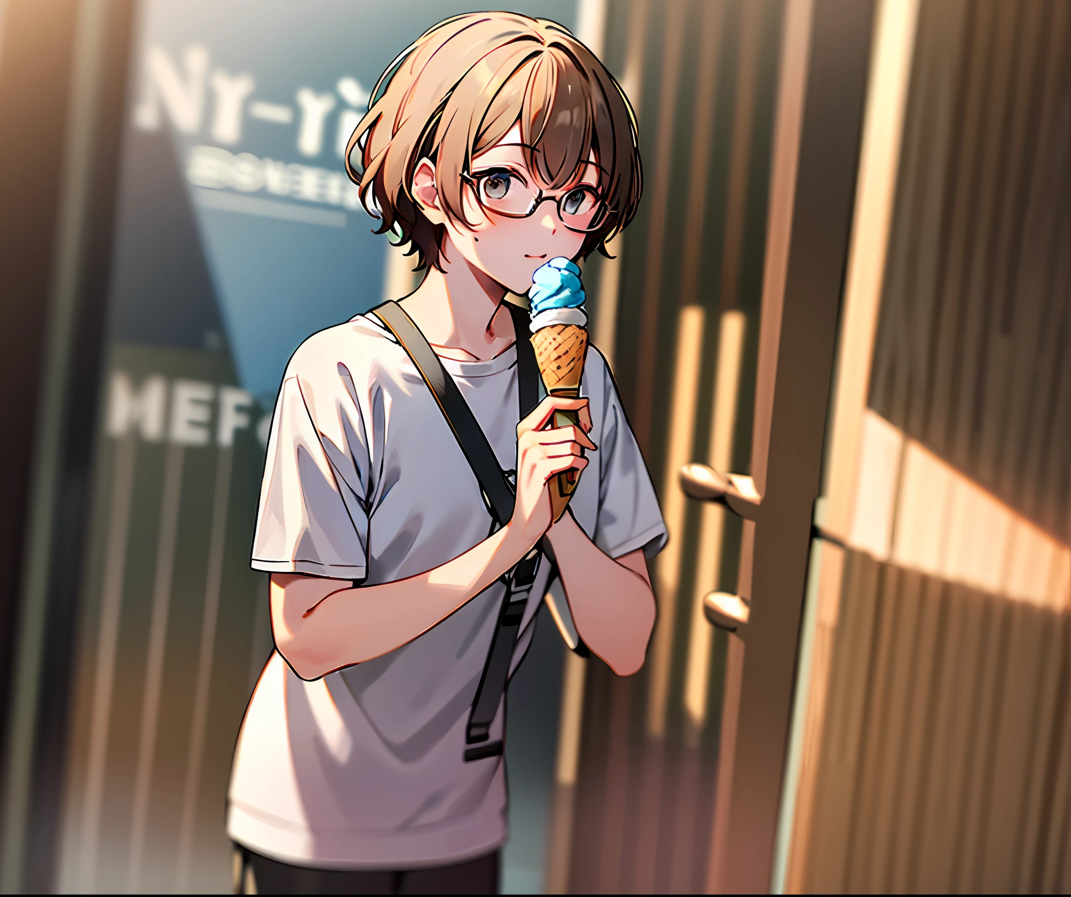 Glasses, fluffy short hair, pure holding an ice cream cartoon