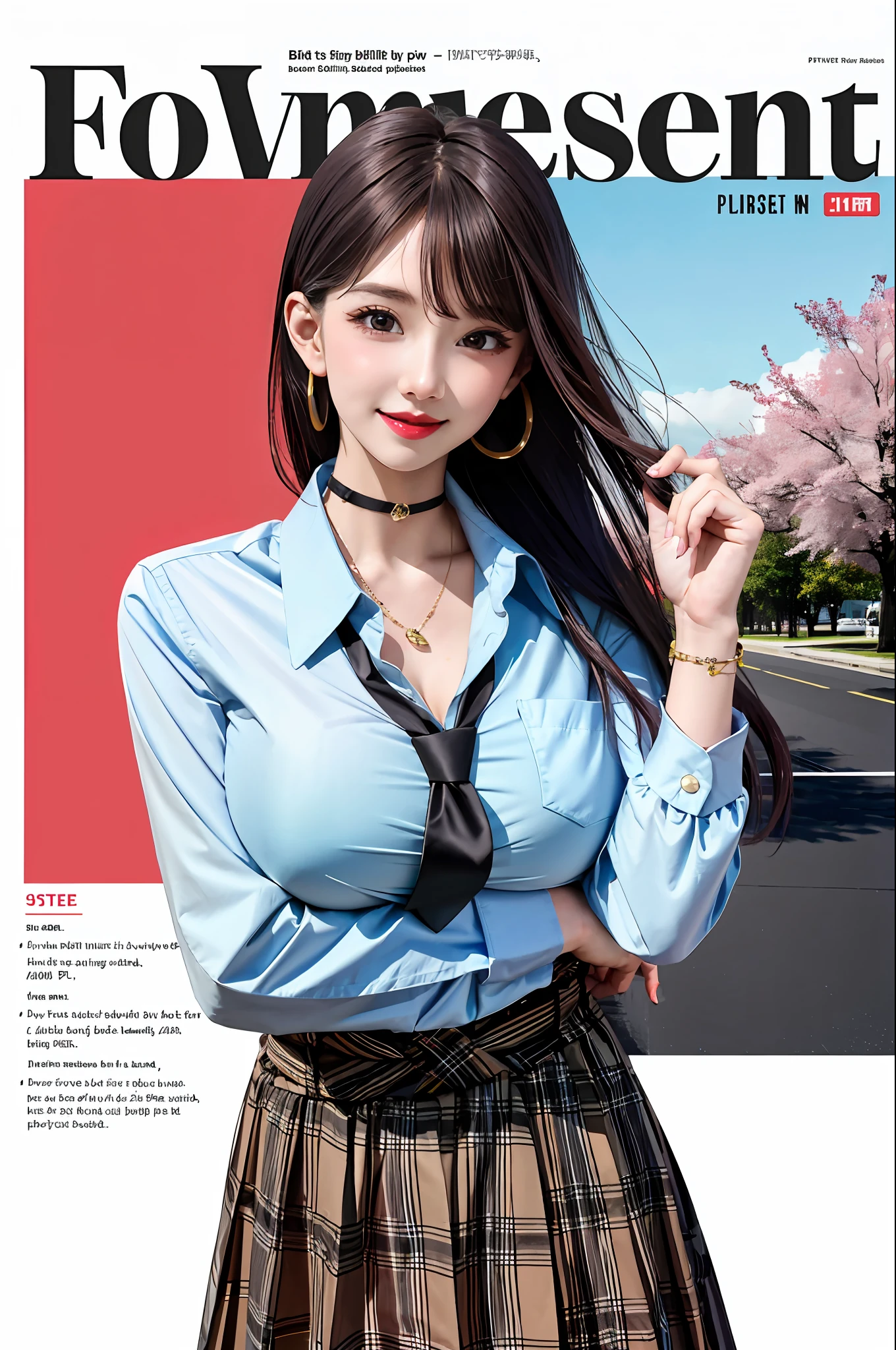 masterpiece, best quality, full body, 1girl, bangs, black choker, black necktie, black hair, blue skirt, blush, bracelet, breasts, choker, clothes around waist, collarbone, collared shirt, cowboy shot, dress shirt, ear piercing, eyebrows visible through hair, gradient hair, grin, gyaru, jewelry, kogal, long hair, looking at viewer, loose necktie, necktie, piercing, plaid, plaid skirt, pleated skirt, red eyes, ring, school uniform, shirt, skirt, smile, solo, white shirt, street, sky, cherry blossoms, petals,illustration, (magazine:1.3), (cover-style:1.3), fashionable, woman, vibrant, outfit, posing, front, colorful, dynamic, background, elements, confident, expression, holding, statement, accessory, majestic, coiled, around, touch, scene, text, cover, bold, attention-grabbing, title, stylish, font, catchy, headline, larger, striking, modern, trendy, focus, fashion,